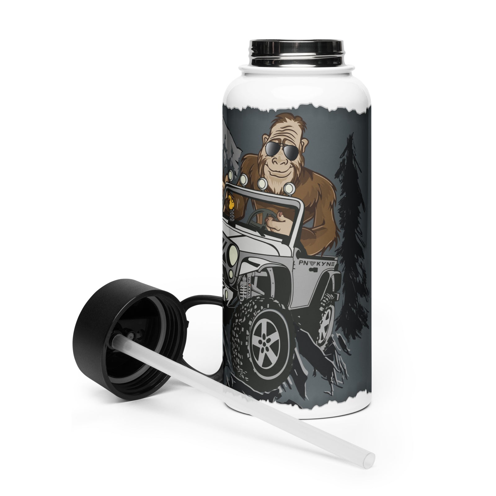 Stainless steel water bottle with an illustration of Bigfoot in a jeep-like vehicle, accompanied by a foldable straw and a black lid.