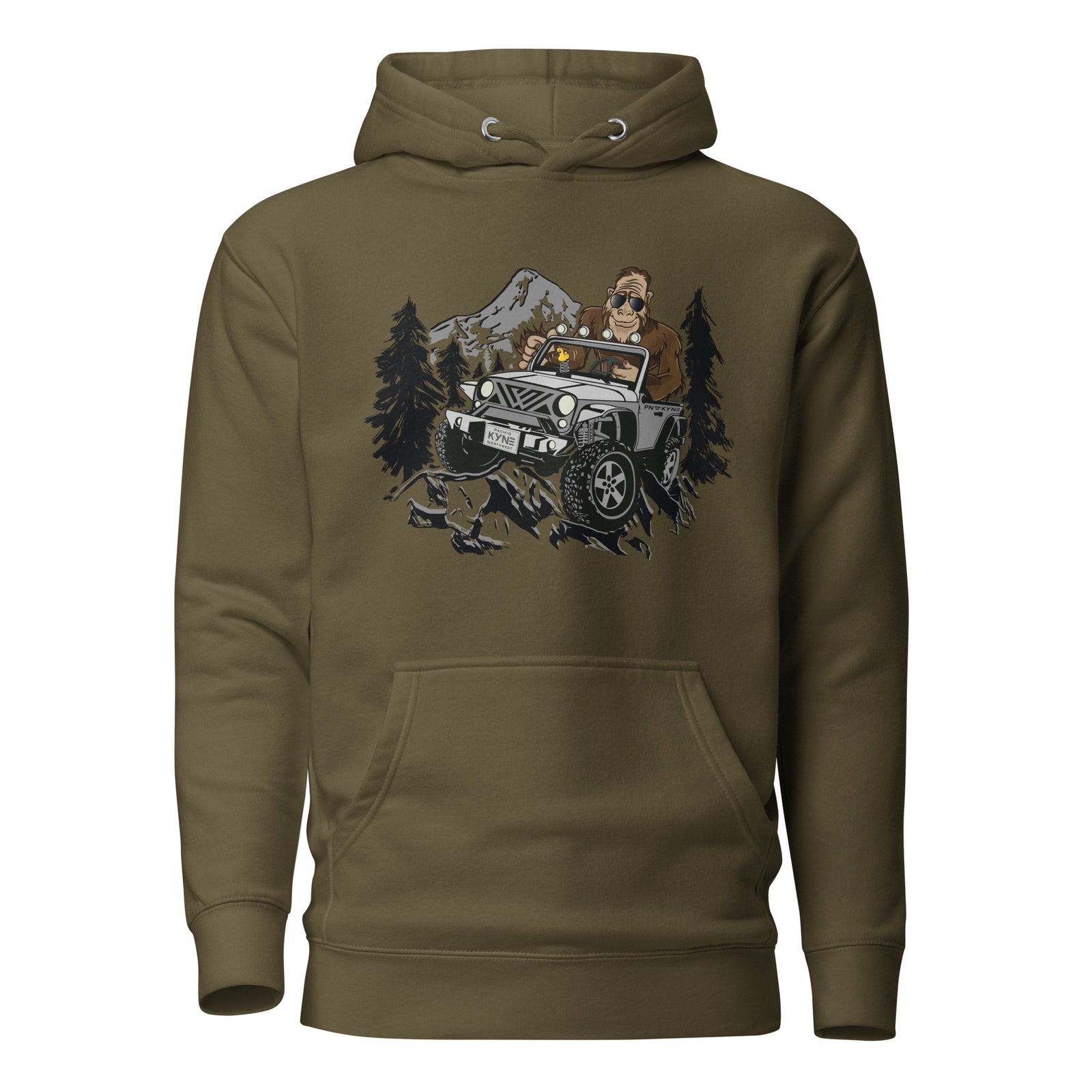 A blue pullover hoodie with an image of Bigfoot driving a jeep-like vehicle with Mt. Hood in the background, surrounded by trees.