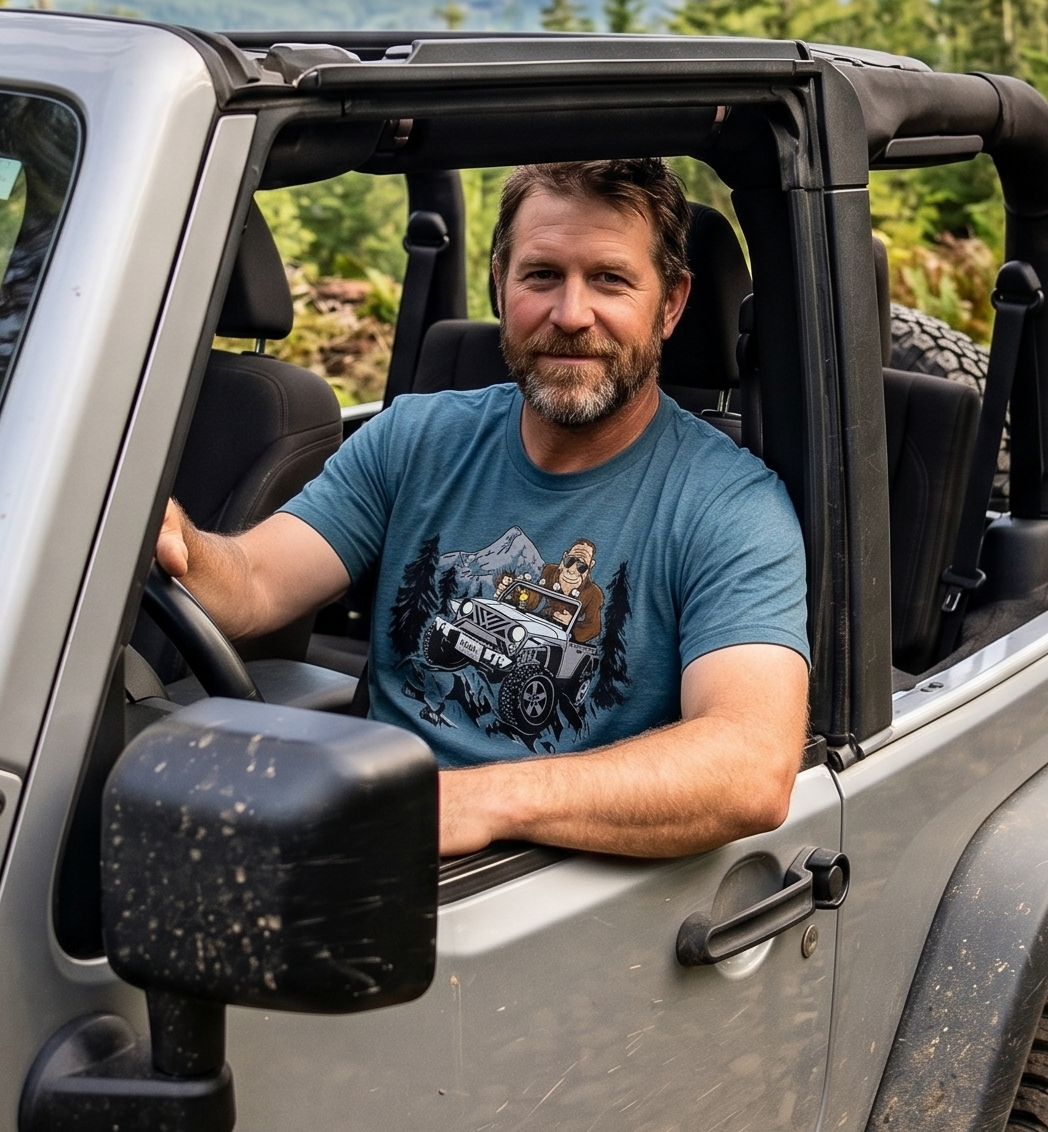 Man sitting in an open-top jeep style vehicle wearing a Jeepin' Bigfoot shirt.