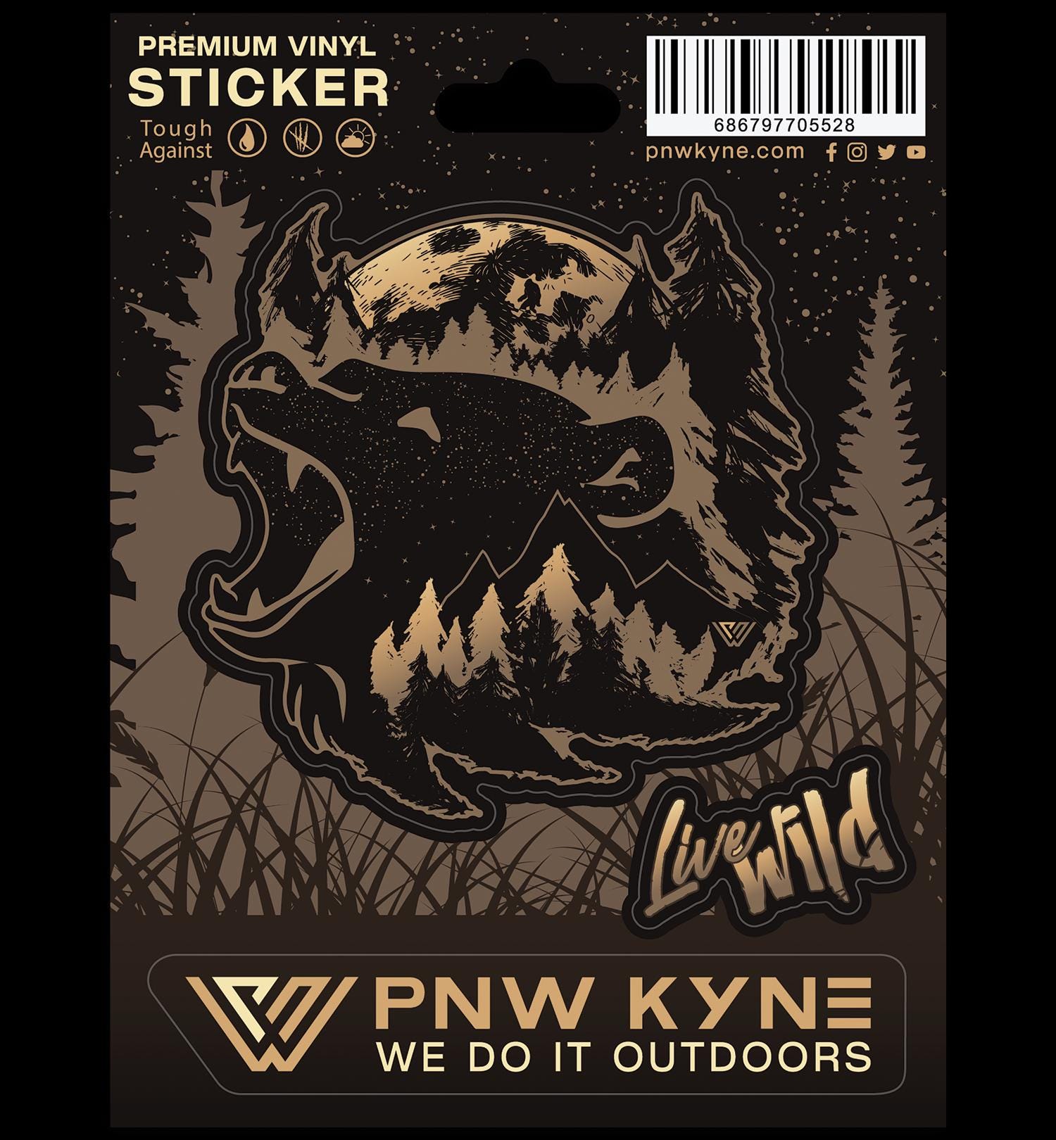 Premium vinyl sticker with bear design and 'Live Wild' text on a dark background