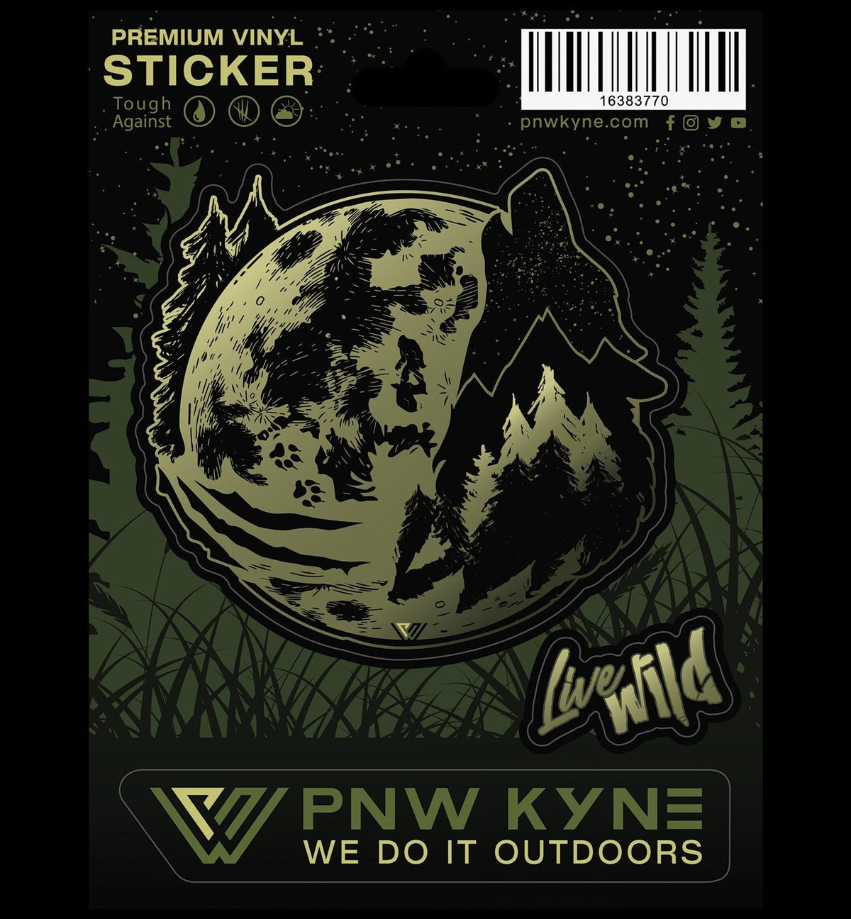 Vinyl sticker with nature-themed design and PNW KYNE branding on a dark background