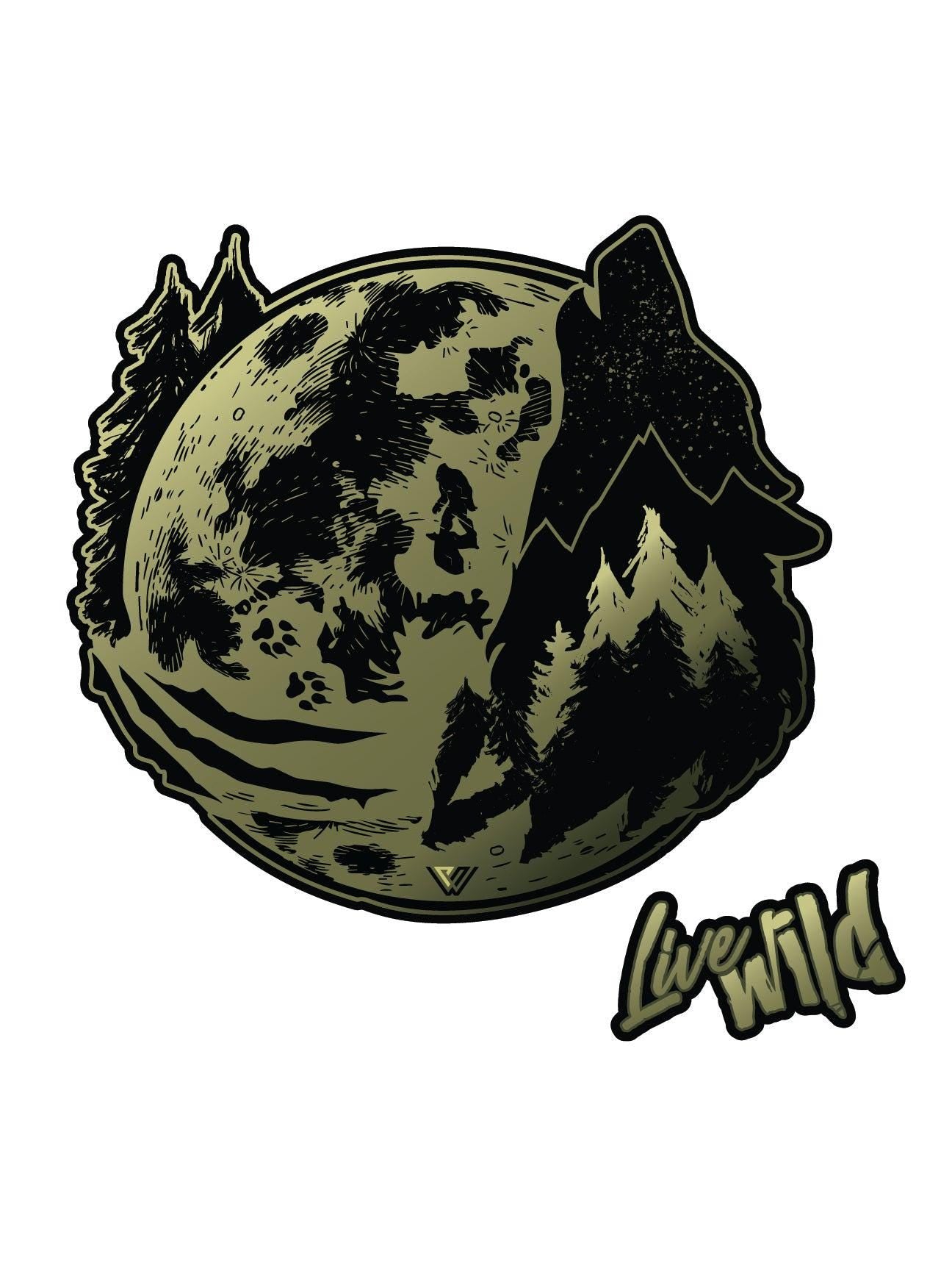 Stylized PNW sticker illustration of a wolf and trees with 'Live Wild' text