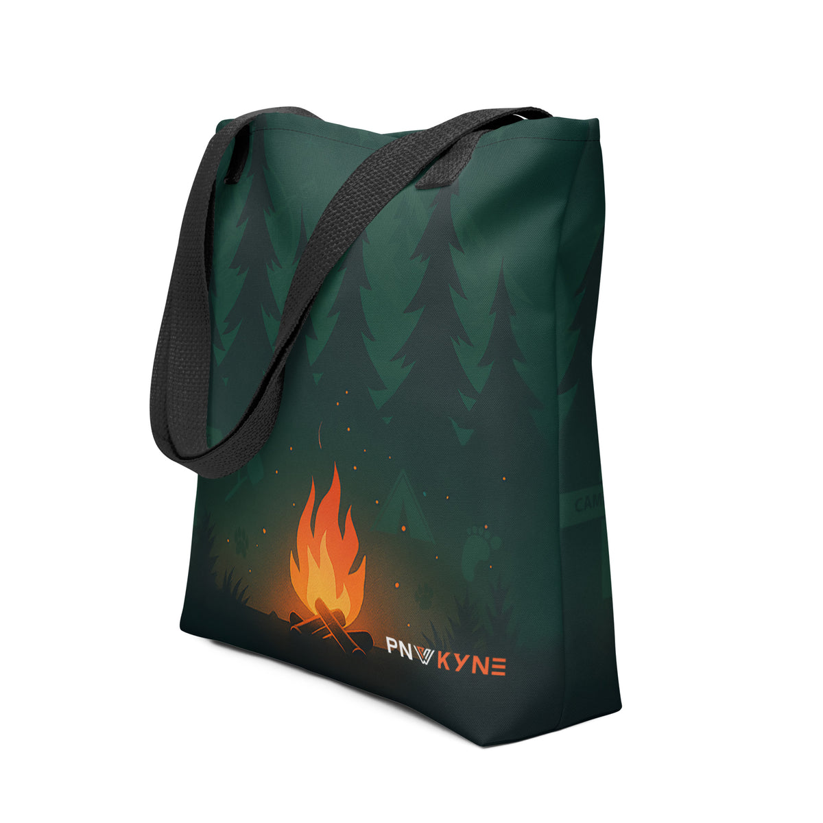 A green tote bag with an all-over print featuring a fire, trees, and the PNW KYNE logo, predominantly in dark tones.
