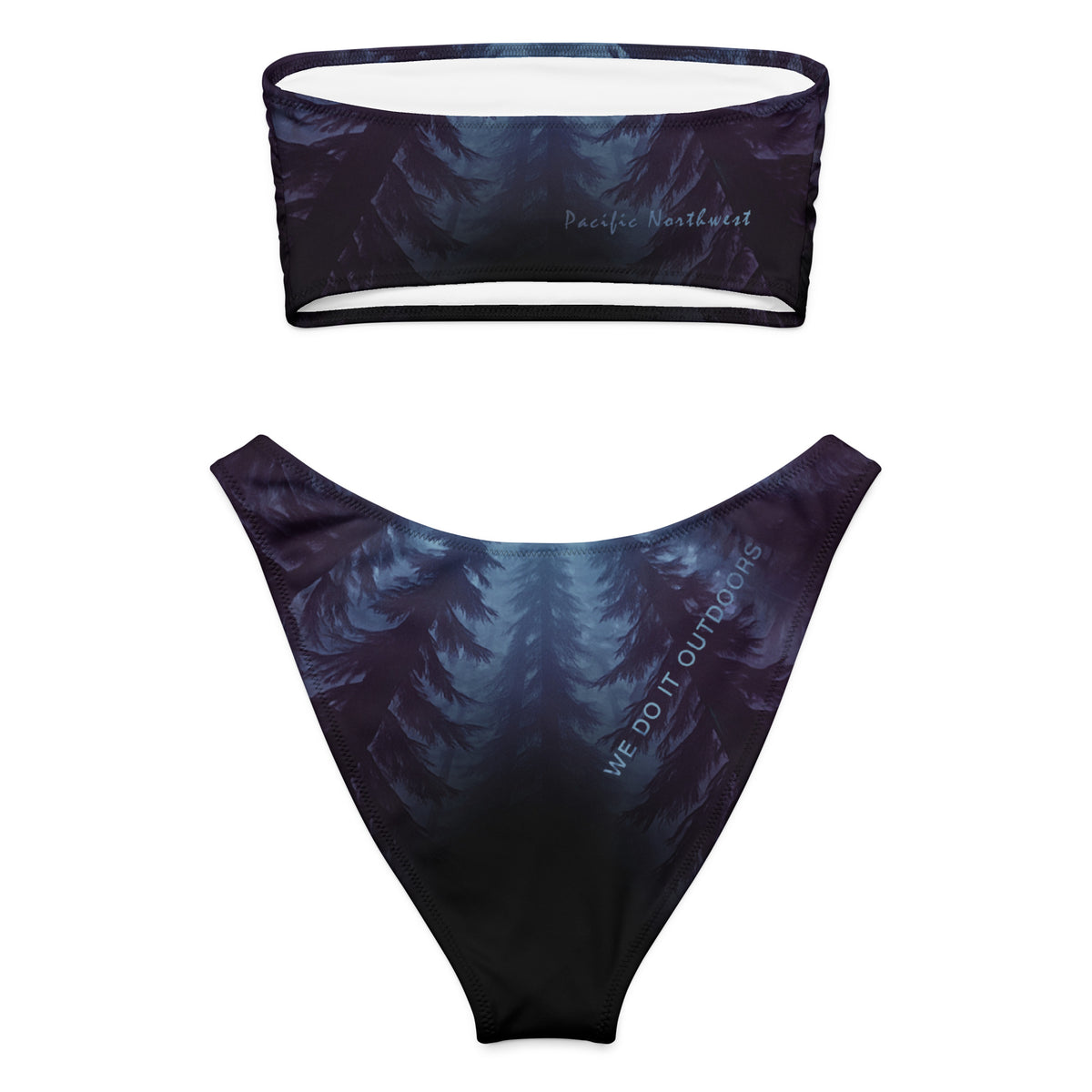 Bandeau bikini set with a blue and black night PNW forest pattern on a white background