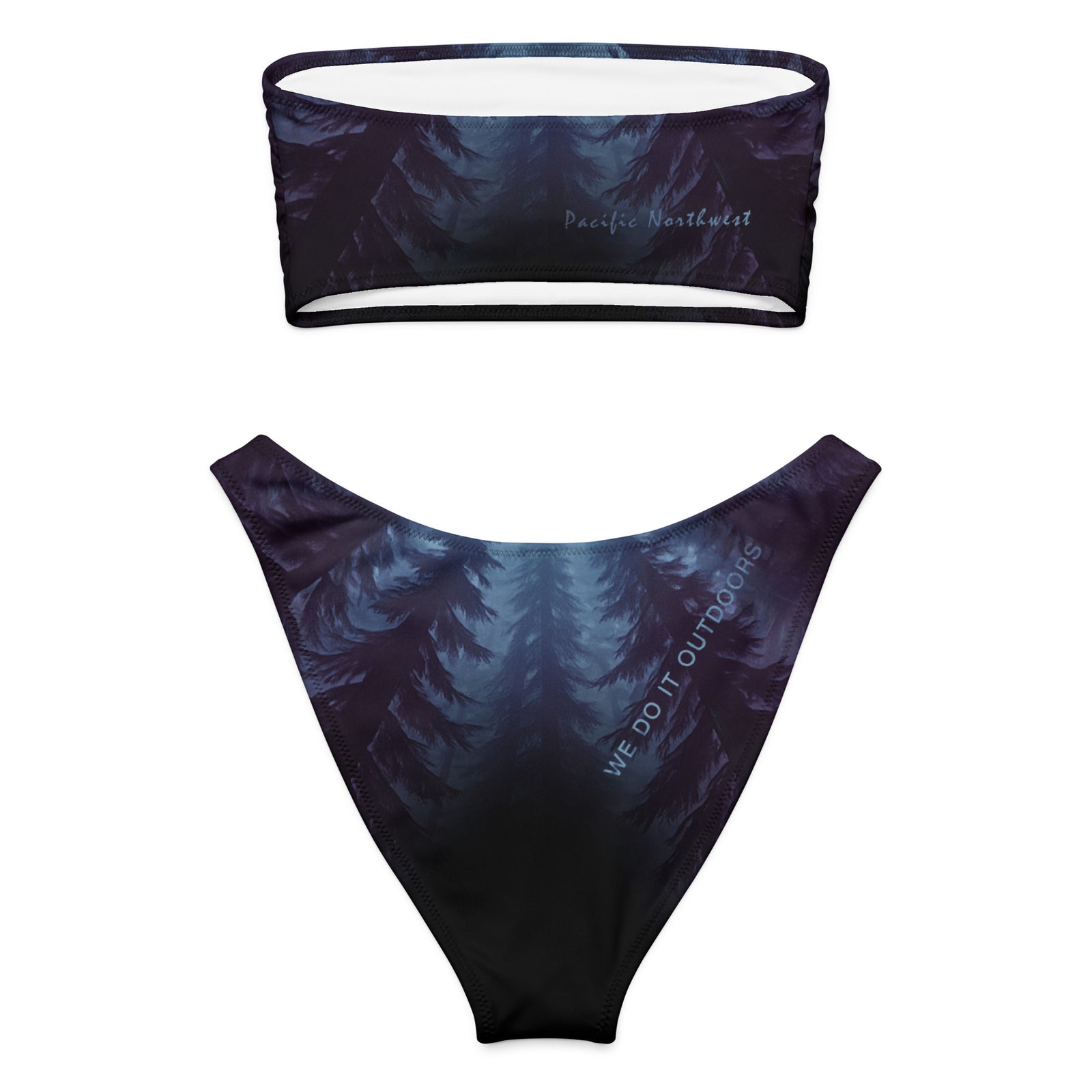 Bandeau bikini set with a blue and black night PNW forest pattern on a white background