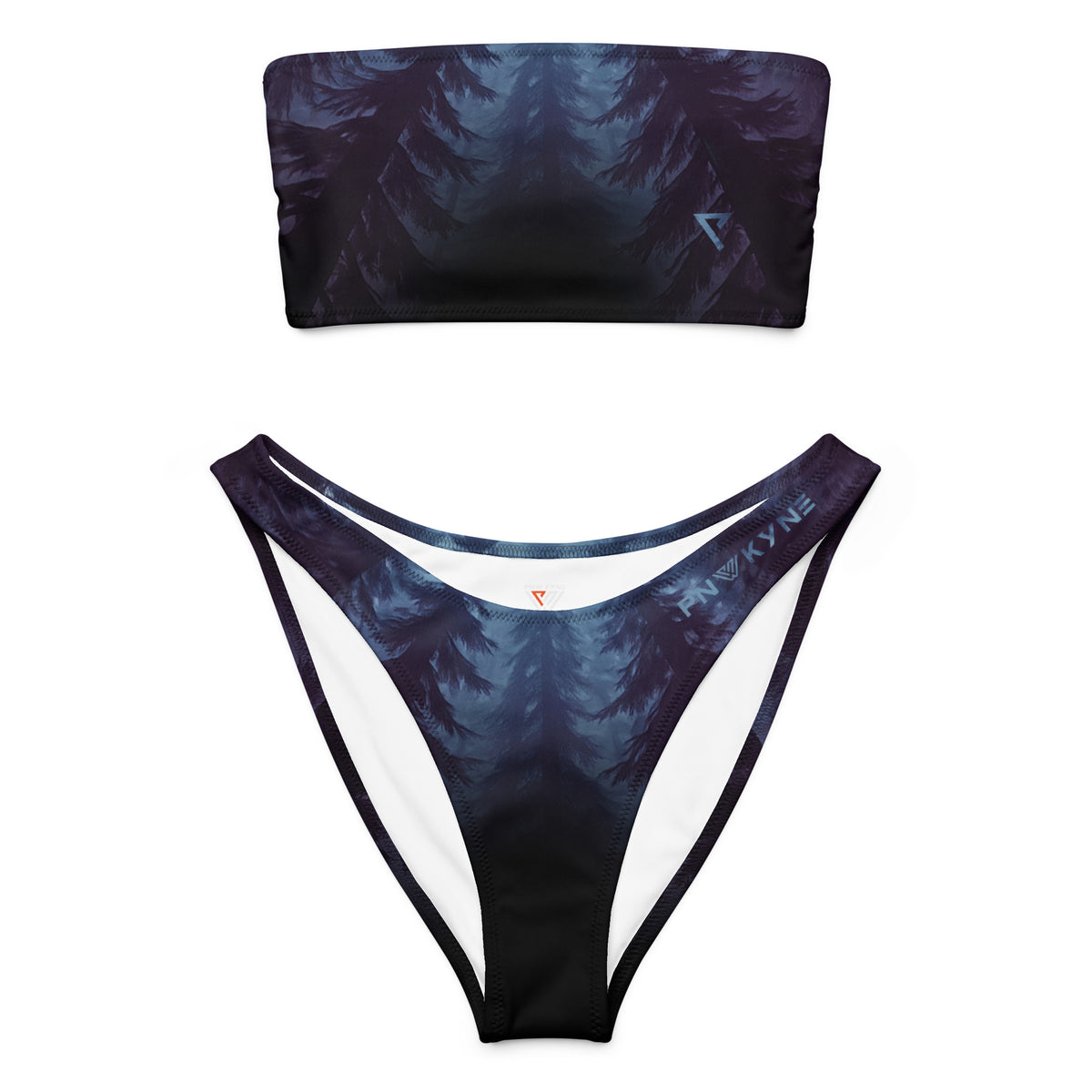 Bikini set with a blue and black night pine forest pattern on a white background