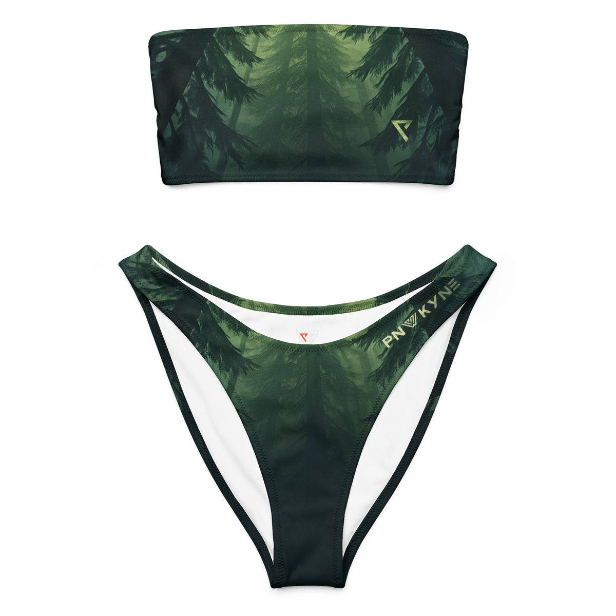 Green bikini set with pine tree pattern on a white background