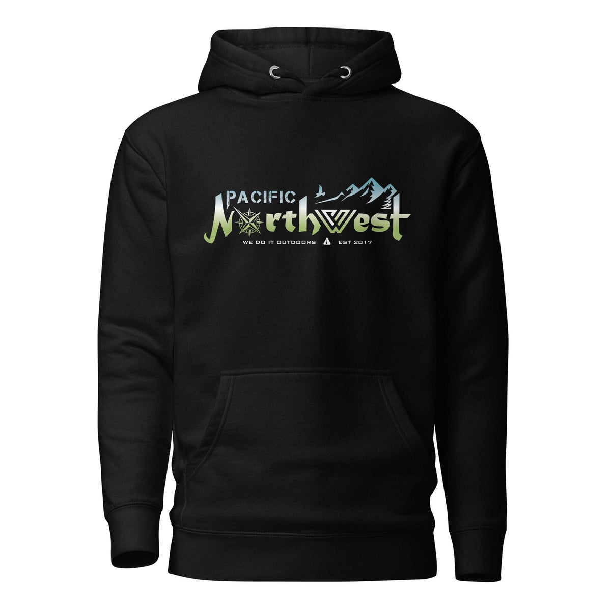 Black hoodie with colorful text 'Pacific Northwest' on a white background