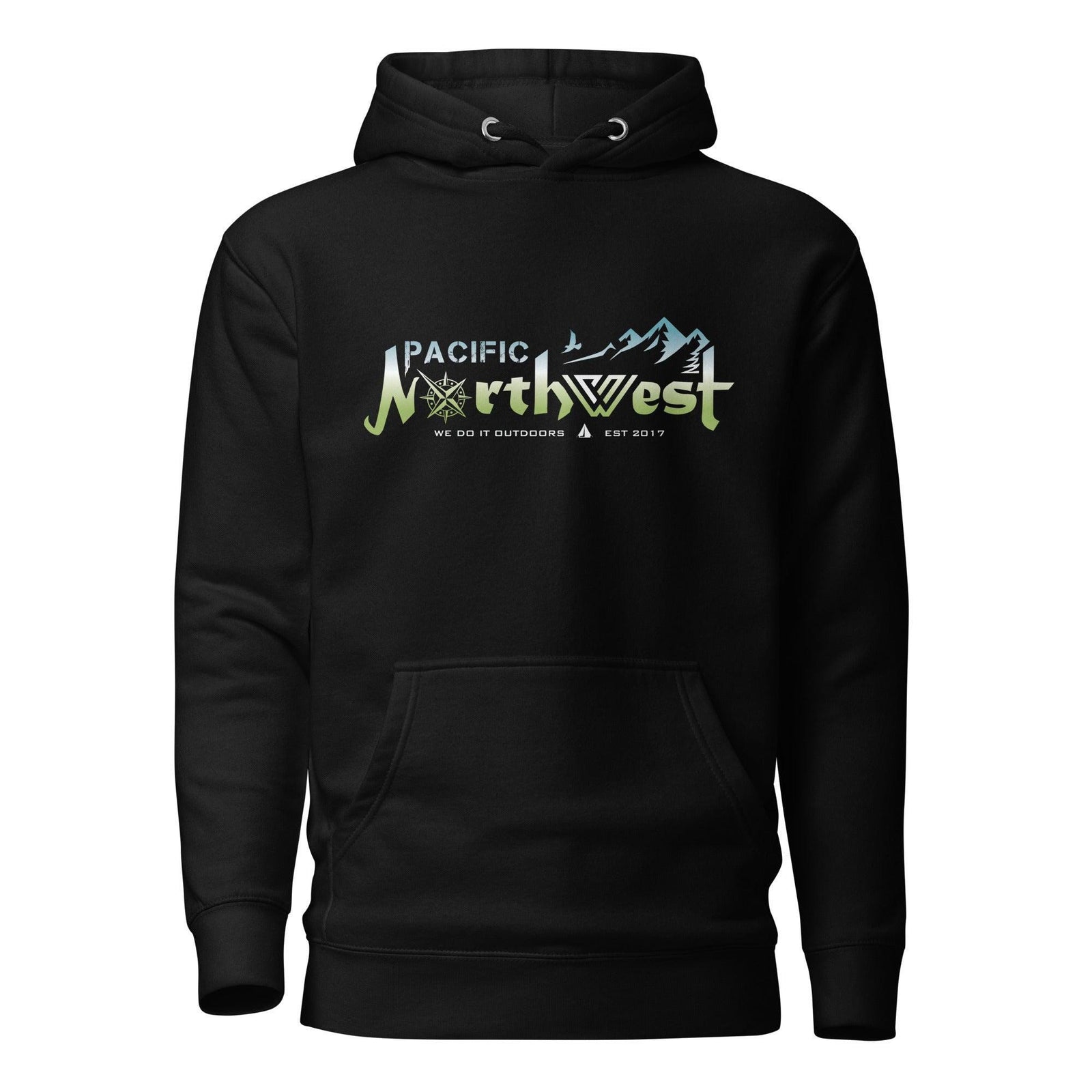 Black hoodie with colorful text 'Pacific Northwest' on a white background