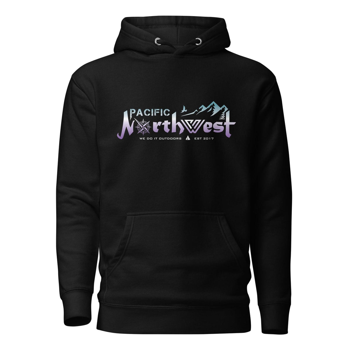 Black hoodie with colorful text 'Pacific Northwest' on a white background