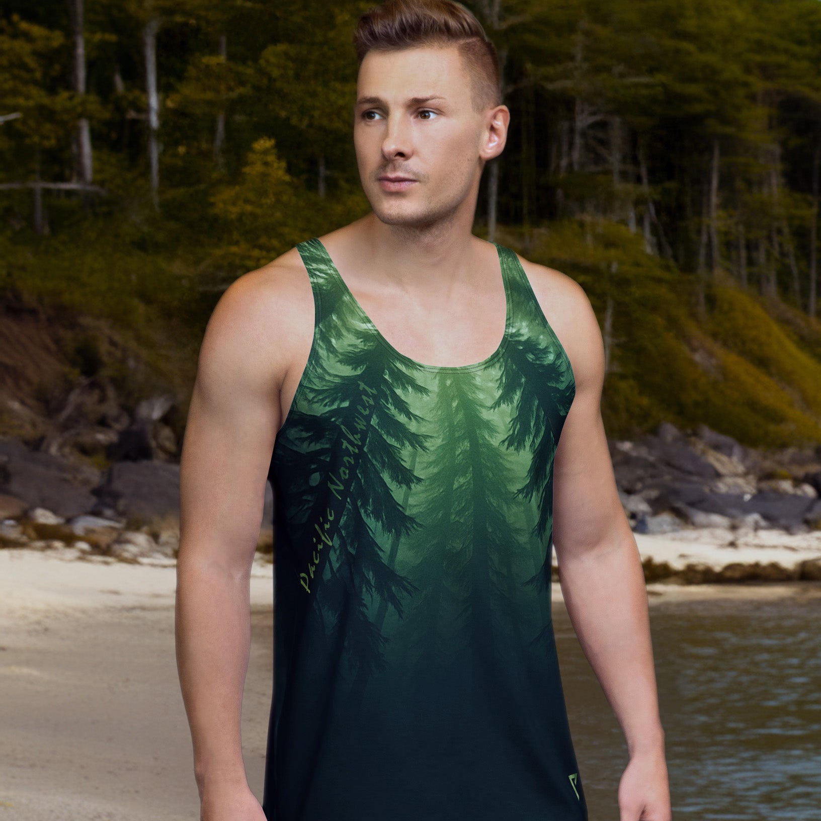 Man on a beach with a PNW tank top