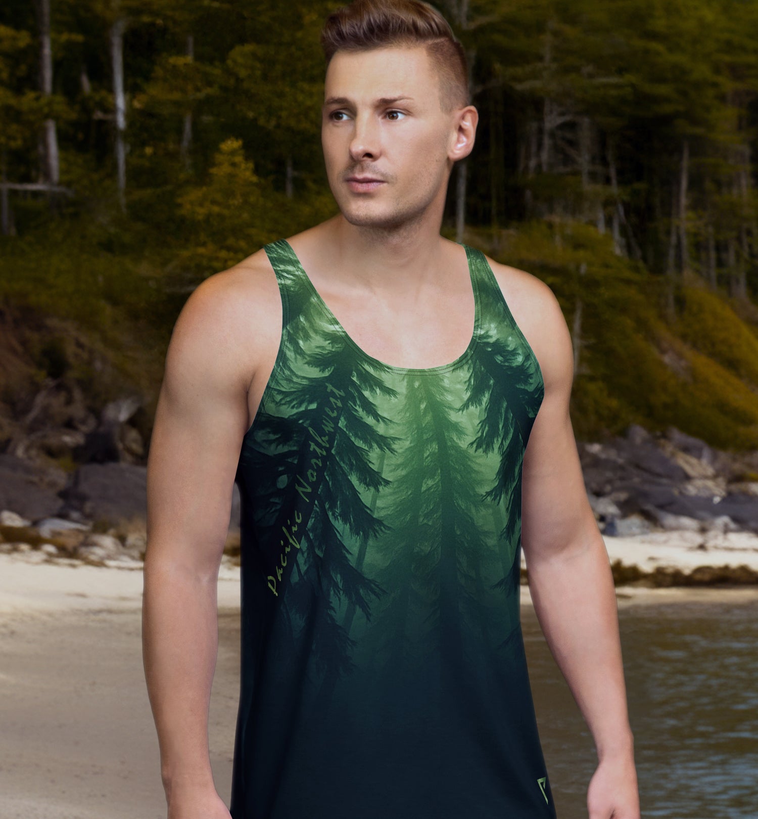 Man on a beach with a PNW tank top