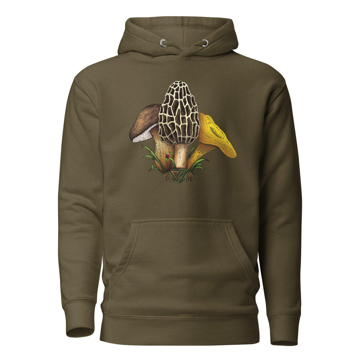 Military Green hoodie with Pacific Northwest morel mushroom design on a white background