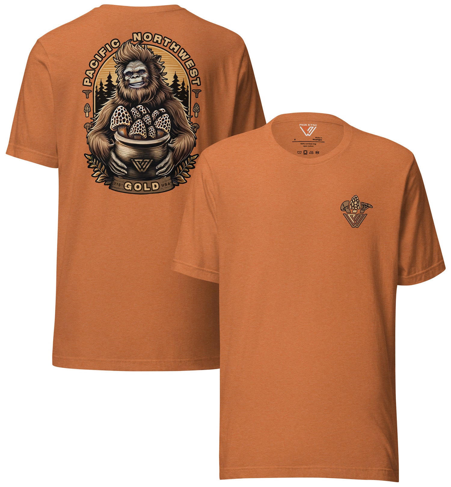 Orange t-shirt with a graphic design of a sasquatch holding a pot of morel mushrooms on a white background.