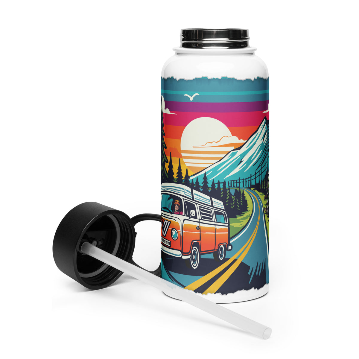 A 32 oz stainless steel water bottle with a full-wrap printed design featuring a classic van on a PNW mountain highway with a glowing sunset and evergreens. The bottle has a black leakproof straw lid and a white straw.