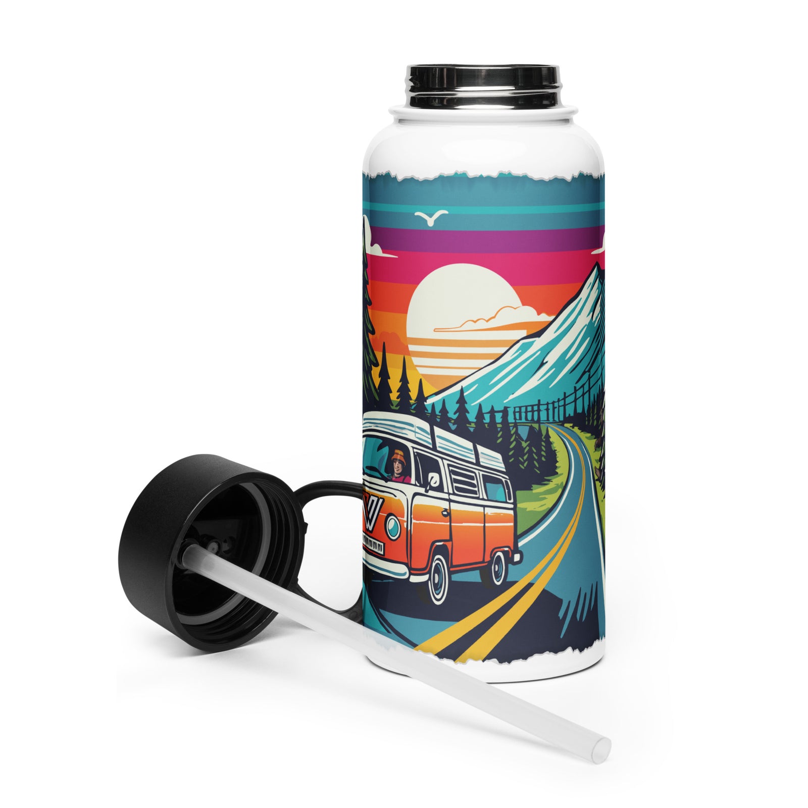 A 32 oz stainless steel water bottle with a full-wrap printed design featuring a classic van on a PNW mountain highway with a glowing sunset and evergreens. The bottle has a black leakproof straw lid and a white straw.