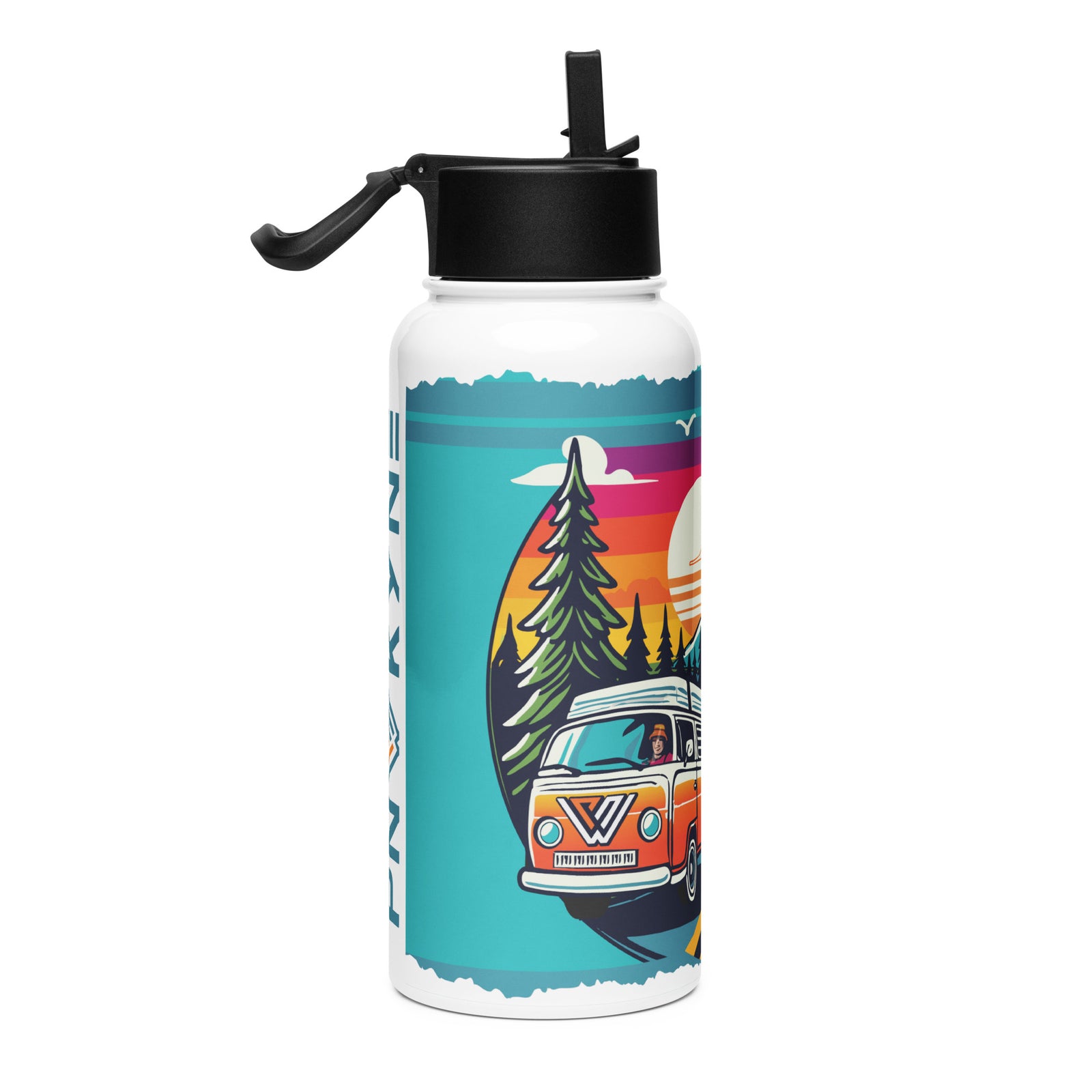 Water bottle with a design of a van and trees against a Pacific Northwest sunset sky on a white background