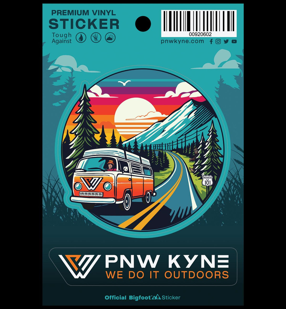 Vinyl sticker with a van and mountain design on a blue background, featuring PNW KYNE branding.