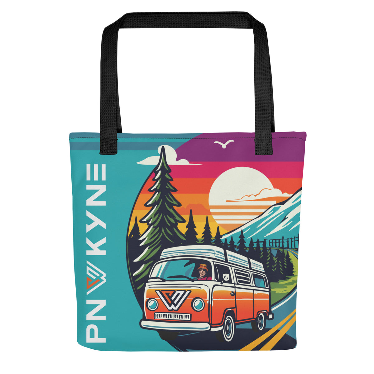 Tote bag with a colorful Pacific Northwest design of a van, trees, and mountains, featuring the brand 'PNW KYNE'.