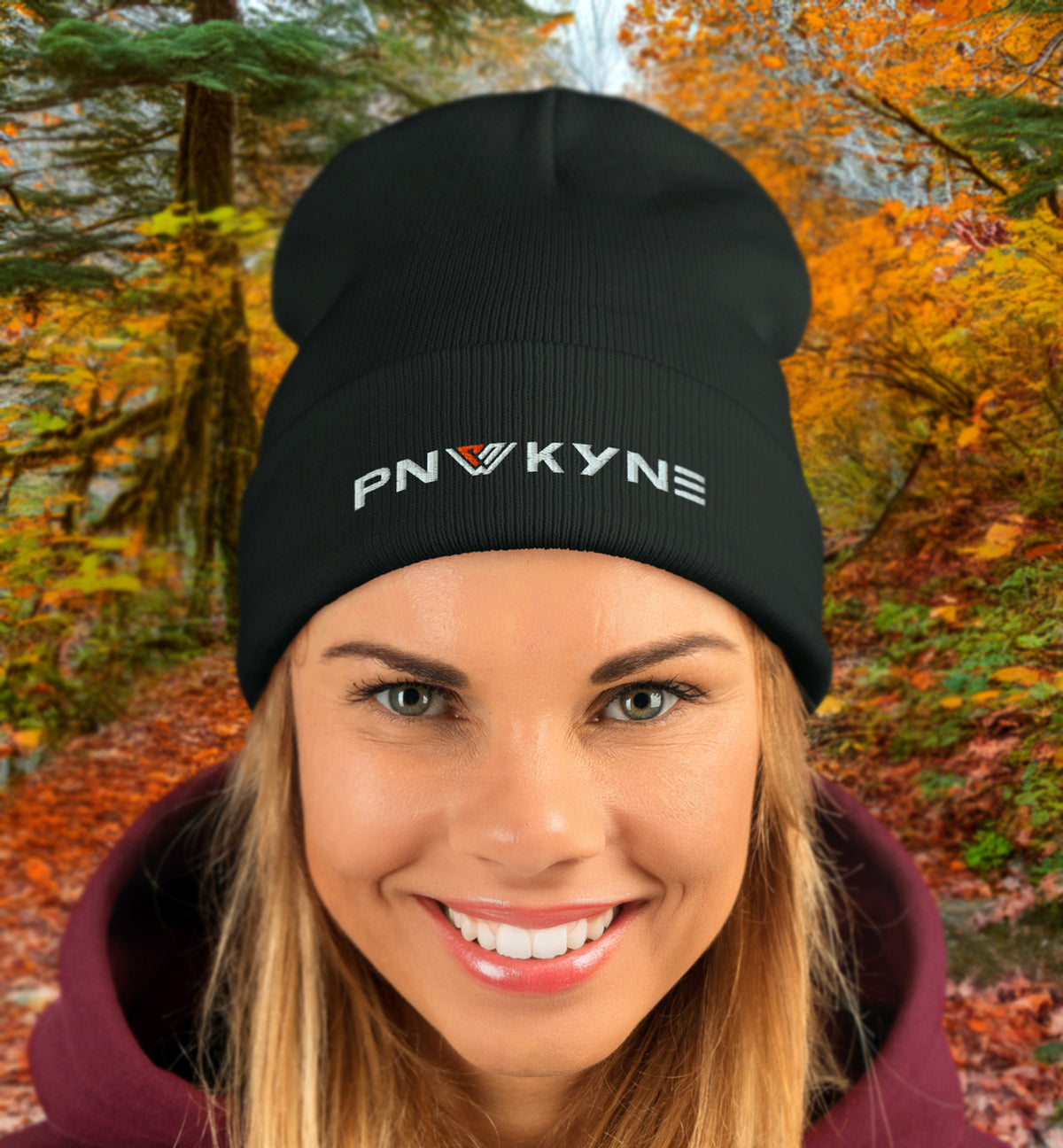 Woman wearing a PNW KYNE Logo Beanie