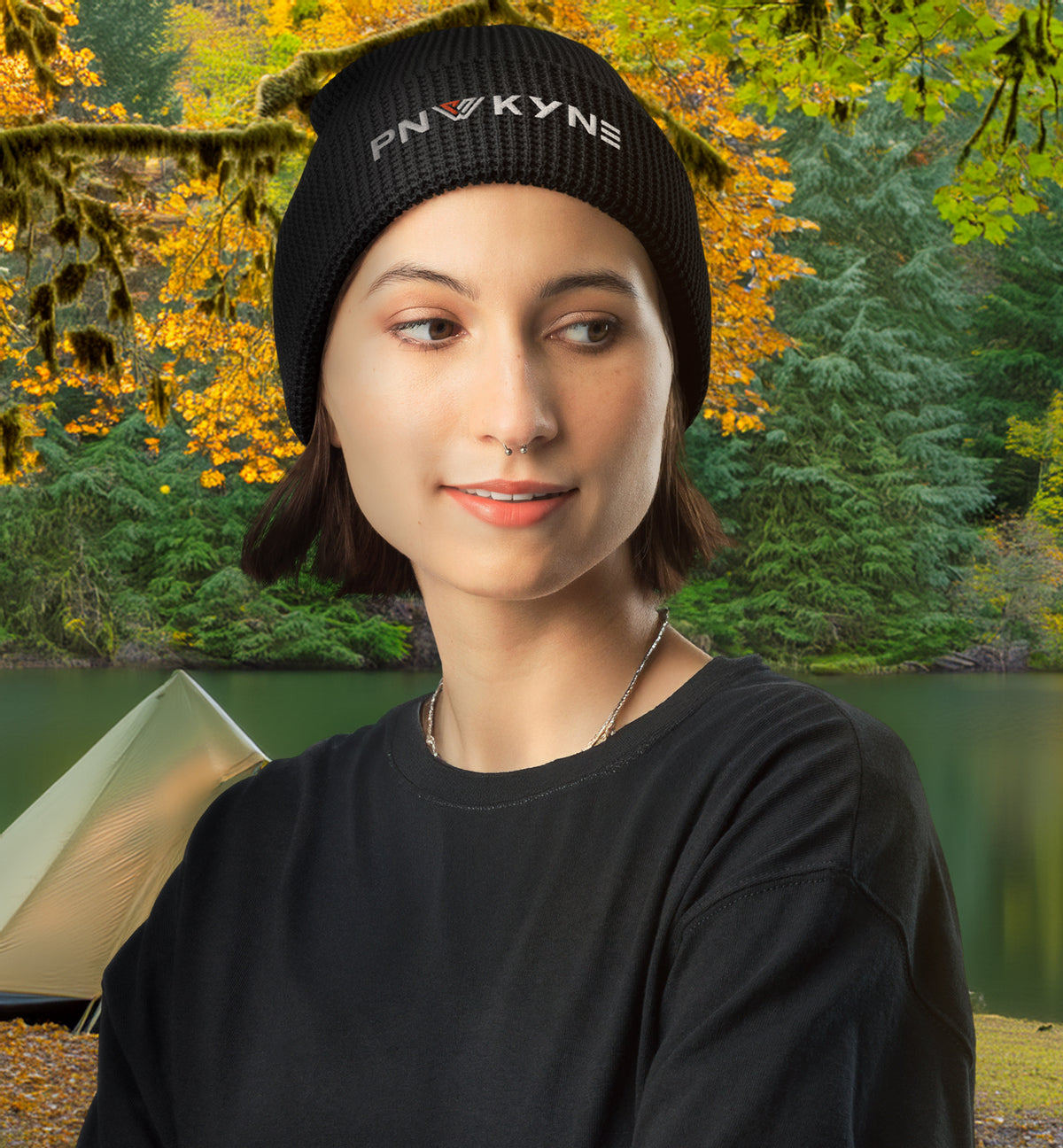 Woman wearing a 
PNW KYNE Logo Waffle Beanie