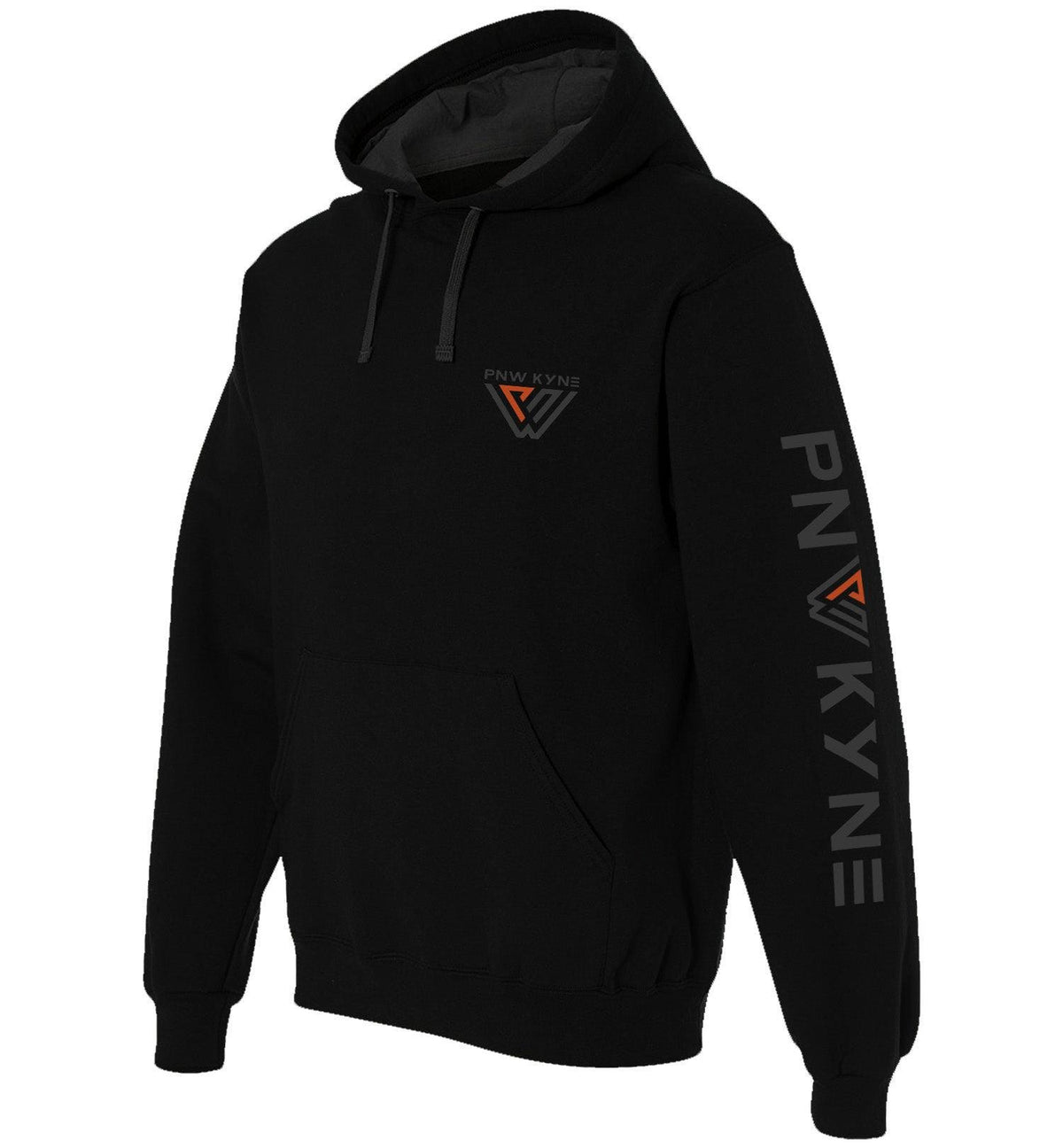 Black hoodie with gray PNW Kyne logo on a white background