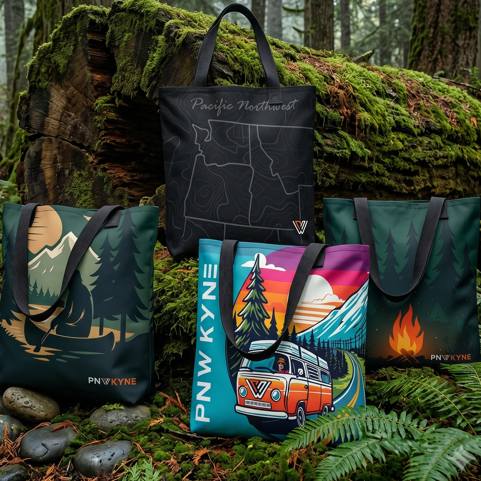 Four PNW Kyne tote bags with nature-themed designs in a forest setting