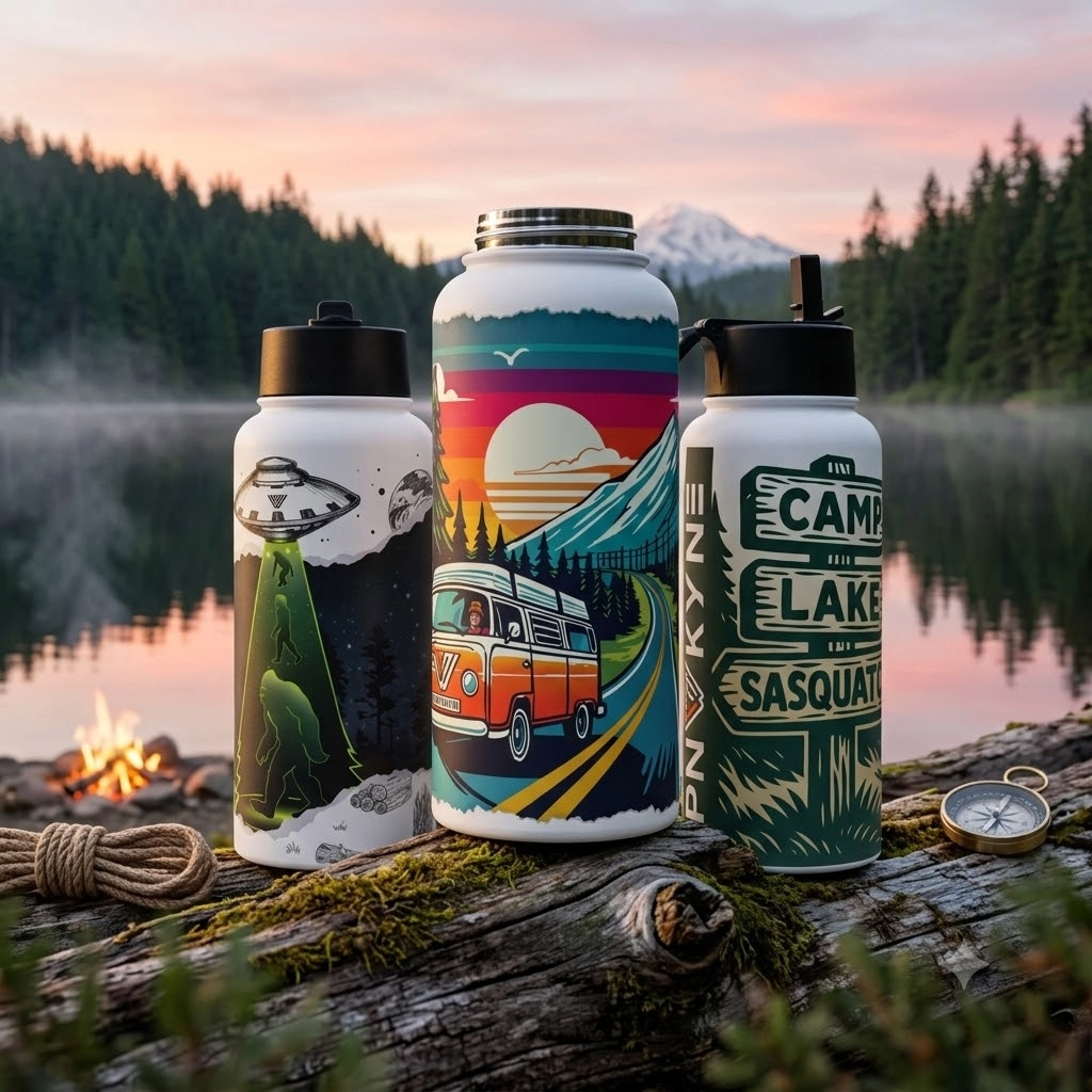 Three PNW Kyne water bottles with nature-themed designs on a log by a lake at sunset.