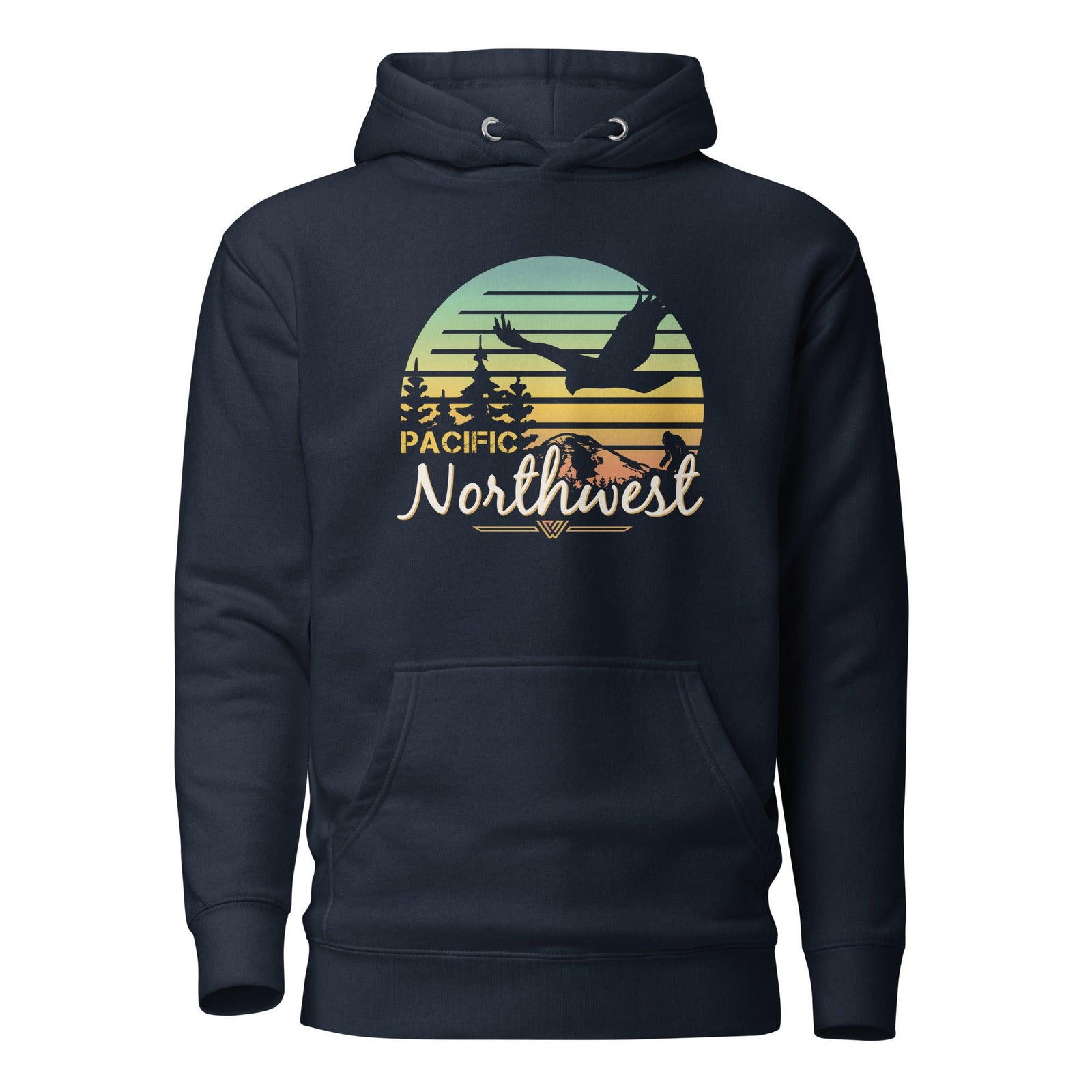 Navy hoodie with 'Pacific Northwest' sunset graphic design on a white background