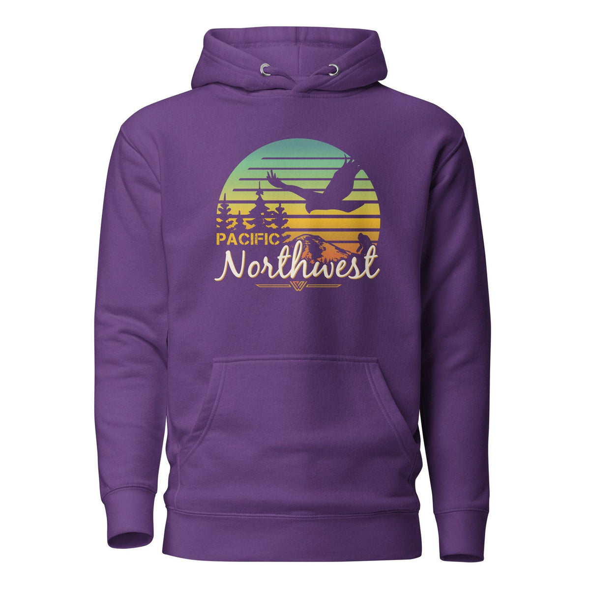 Purple hoodie with 'Pacific Northwest' sunset graphic design on a white background