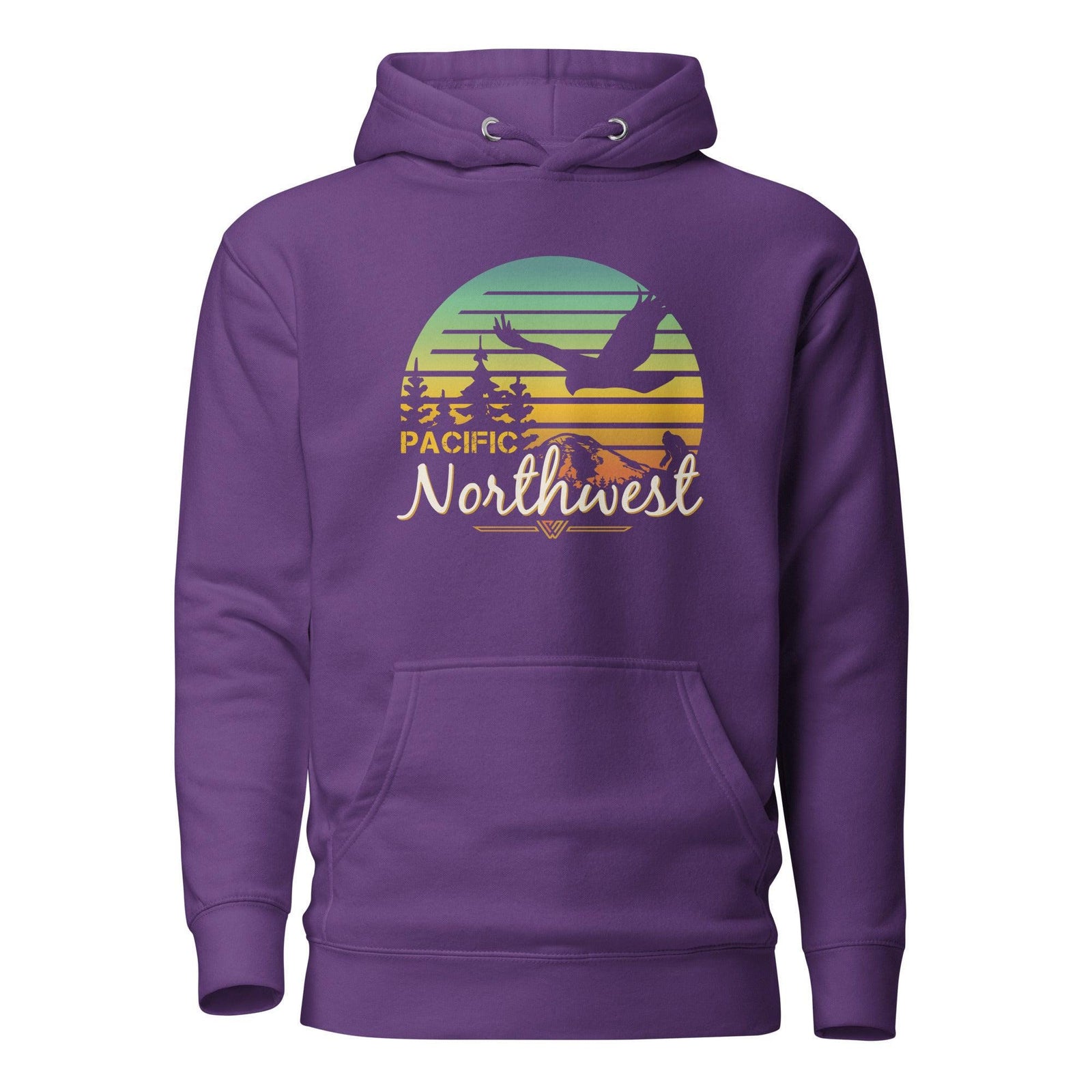 Navy hoodie with 'Pacific Northwest' sunset graphic design on a white background