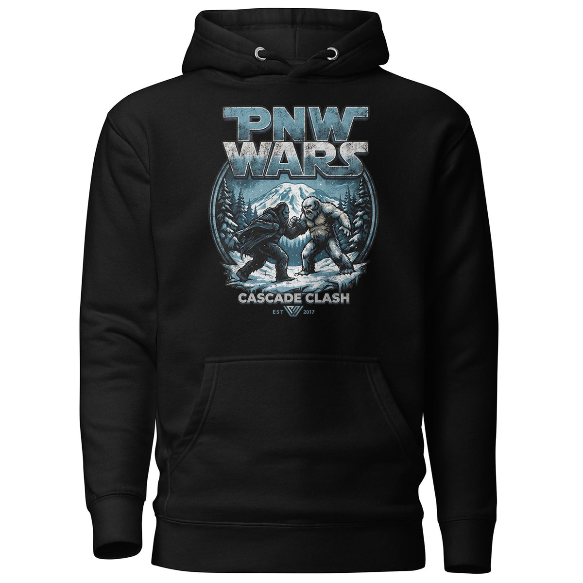 Black hoodie with 'PNW Wars' graphic design featuring sasquatch and yeti in battle and mountains on a white background