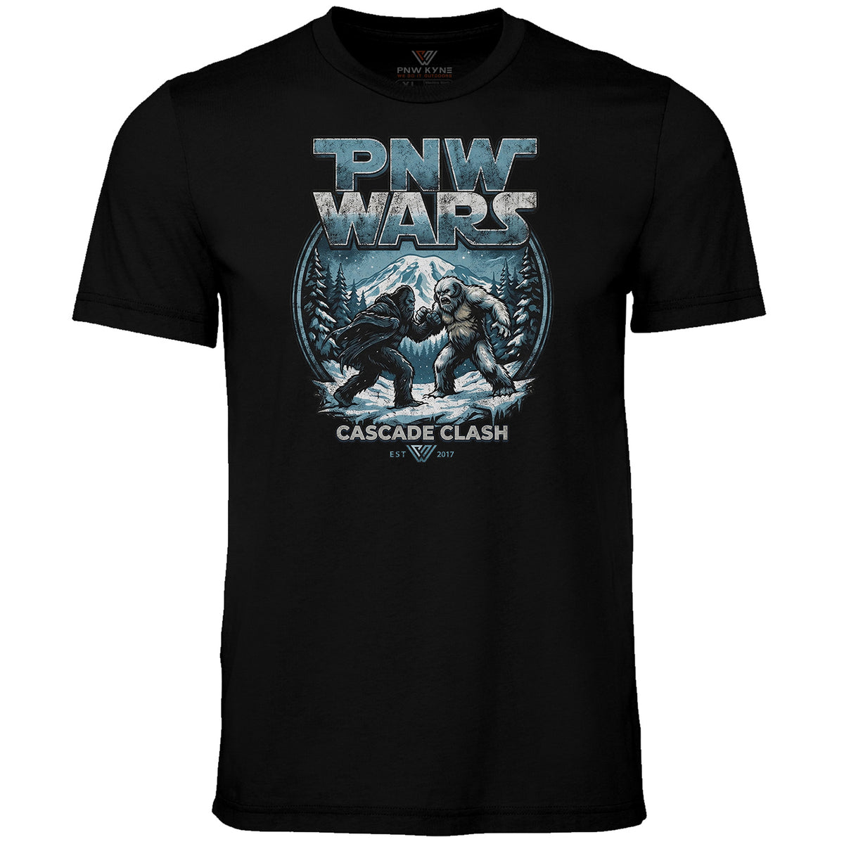 Black t-shirt with 'PNW Wars' graphic design featuring two bears and mountain.