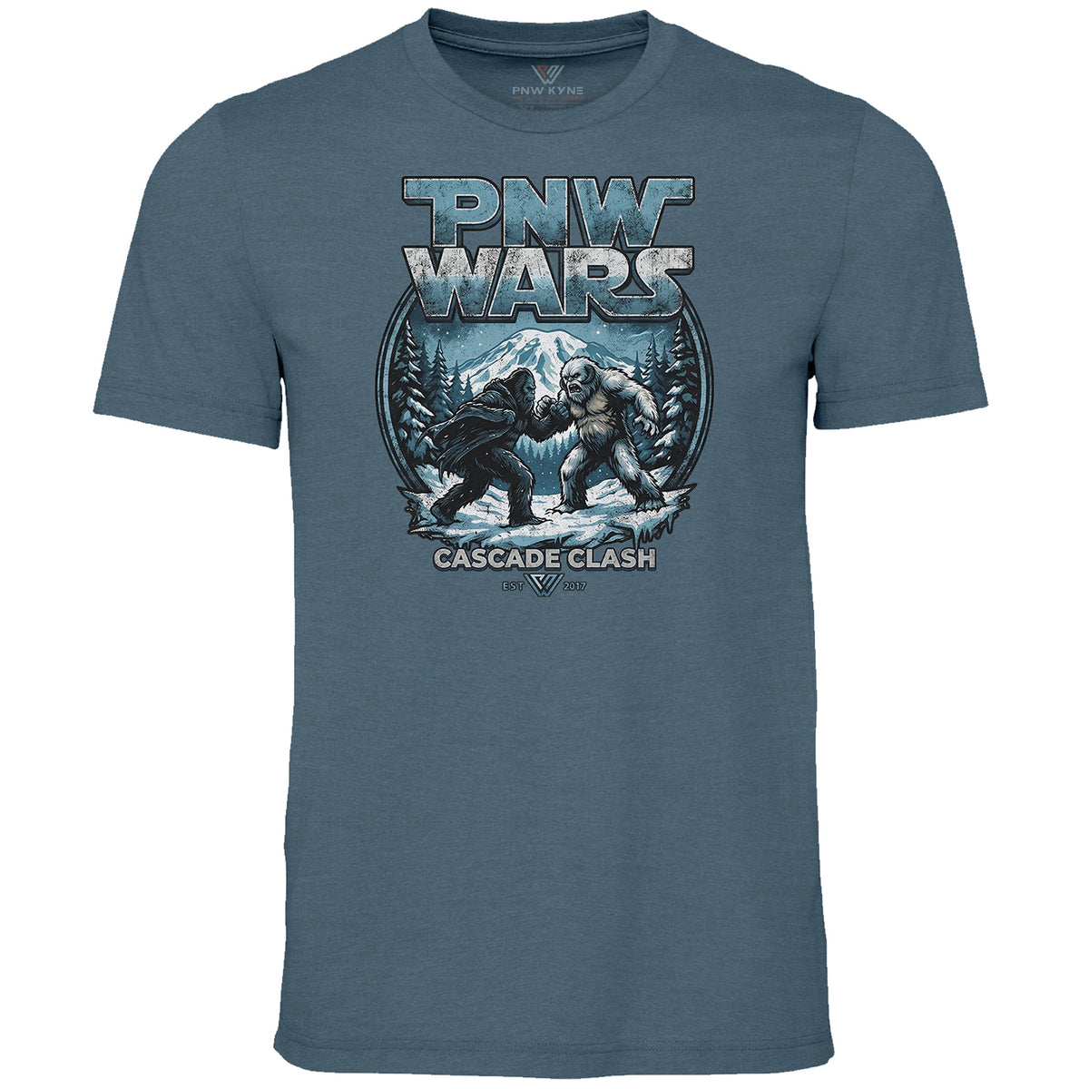 Blue t-shirt with 'PNW Wars' graphic design featuring two bears in a mountainous landscape.