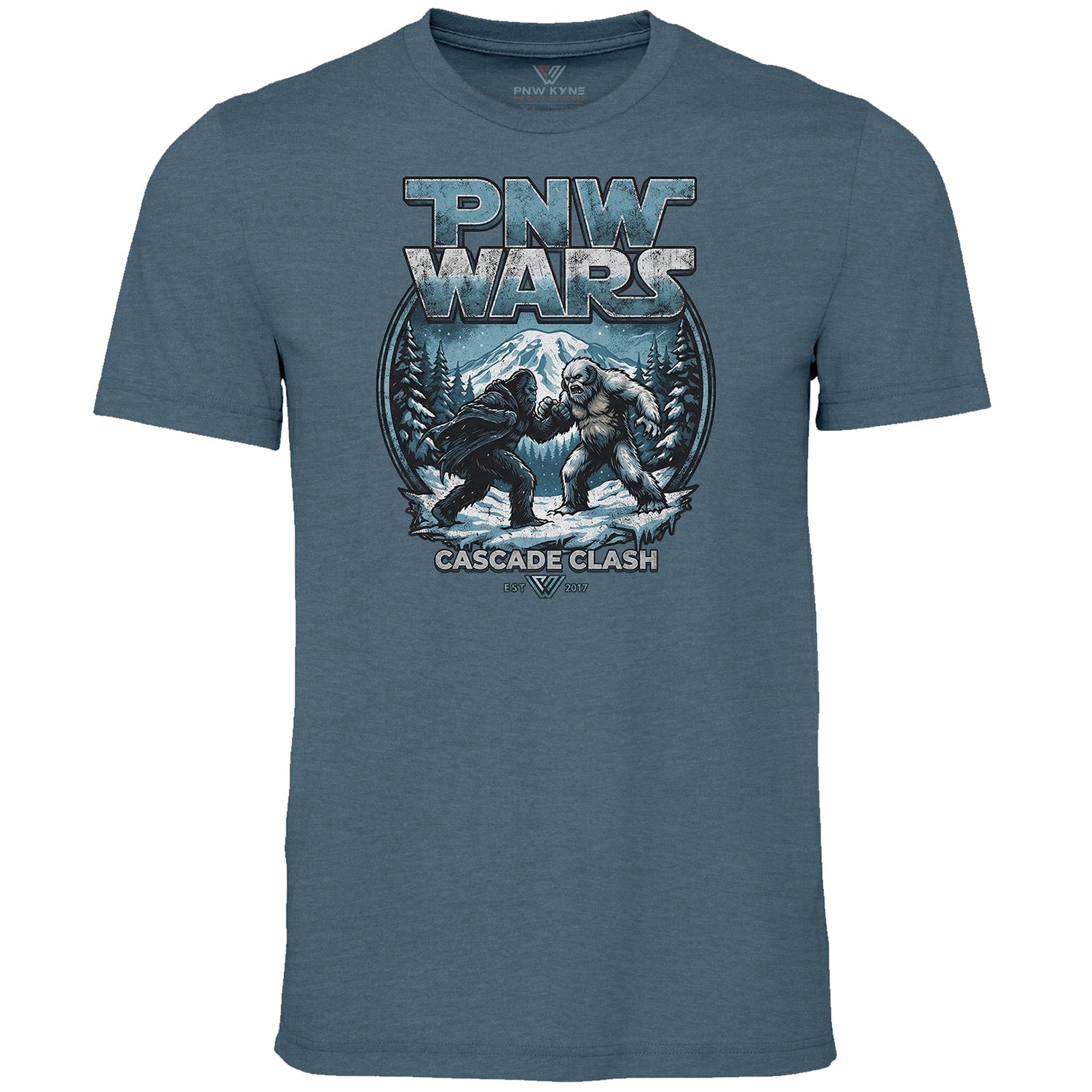 Blue t-shirt with 'PNW Wars' graphic design featuring two bears in a mountainous landscape.