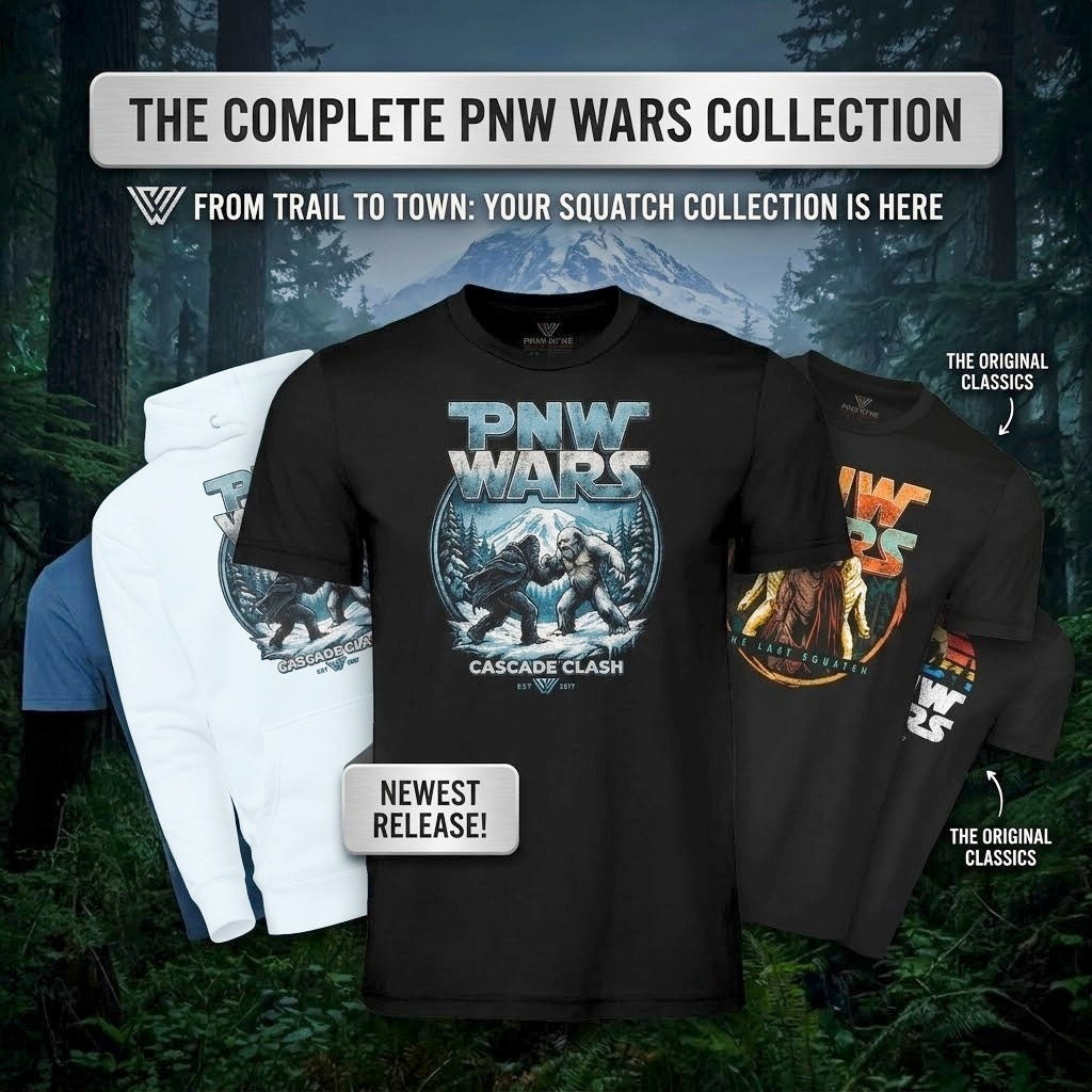 Collection of 'PNW Wars' Bigfoot themed t-shirts from PNW Kyne with a forest background.