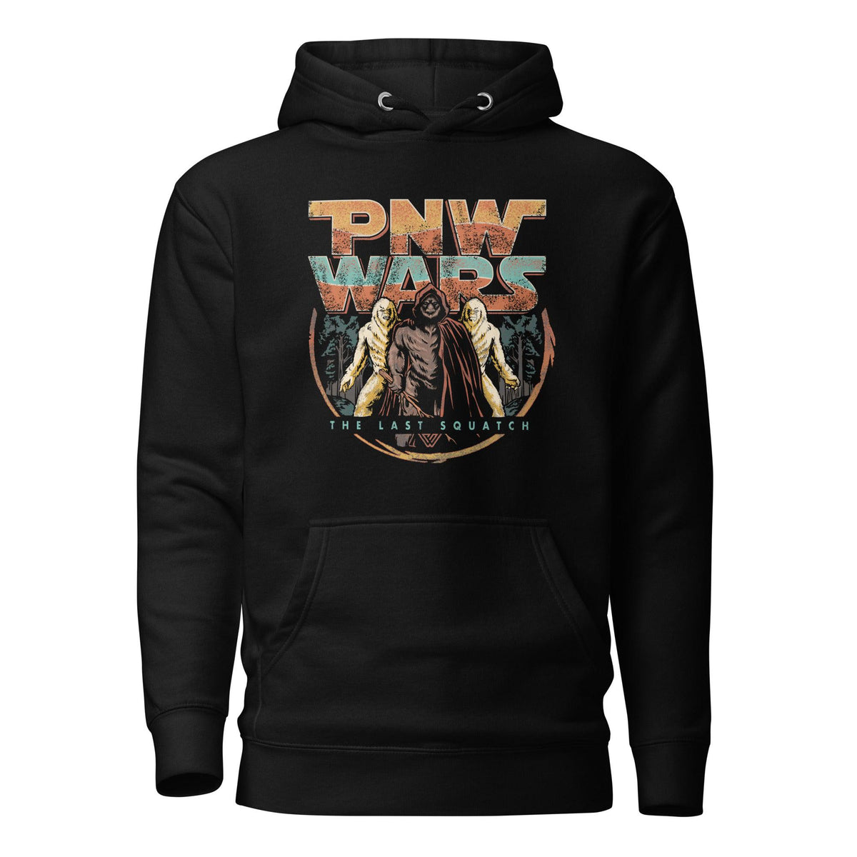 Black hoodie with 'PNW Wars' and a sasquatch graphic design on a white background