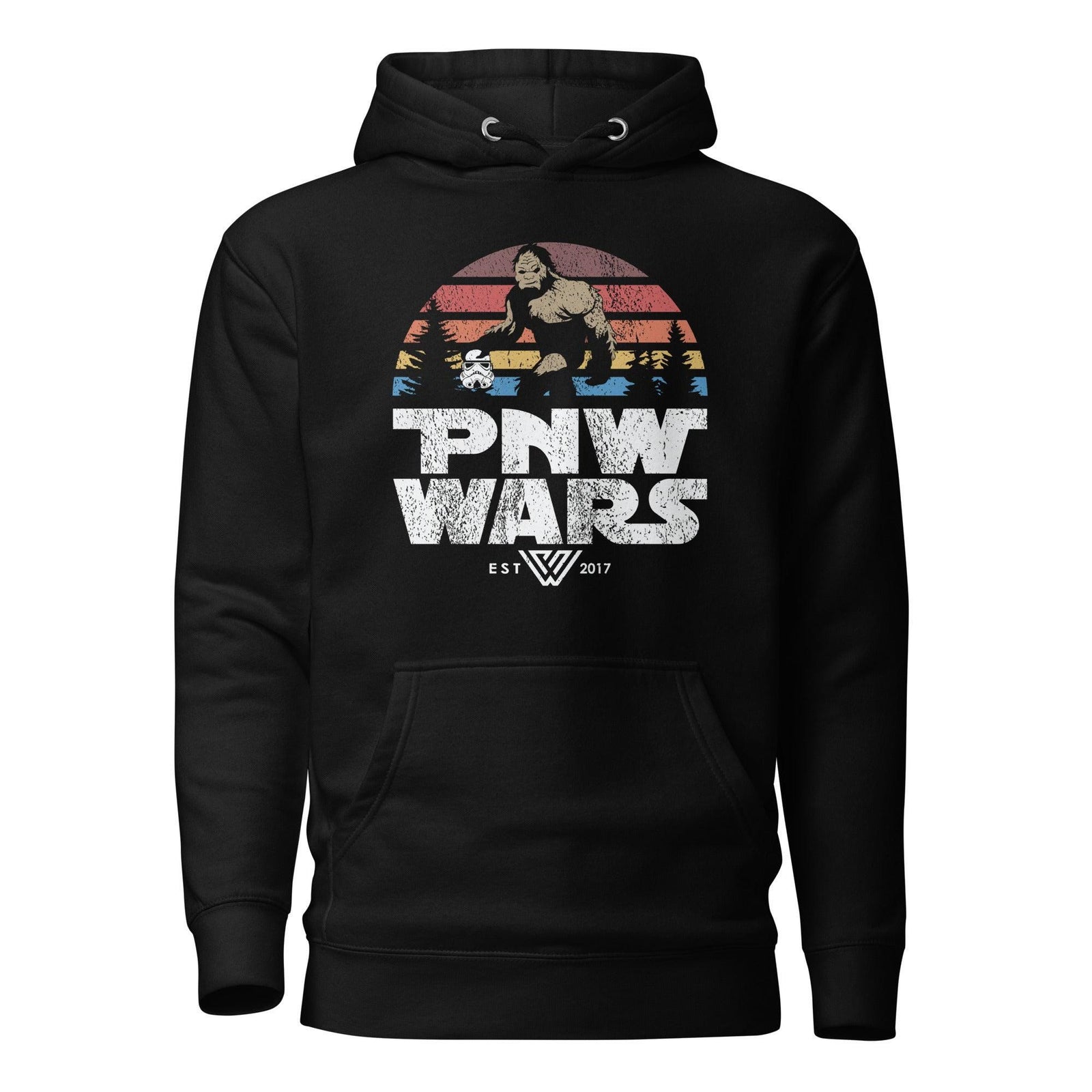 Black hoodie with 'PNW Wars' graphic and a sasquatch design on a white background