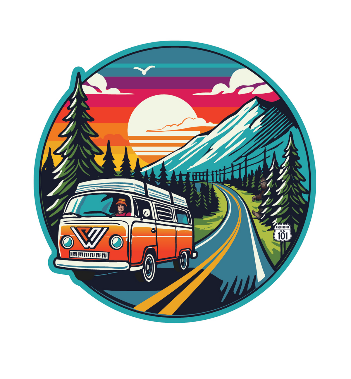 PNW Sticker with illustration of a vintage van on a road with mountains and trees in the background