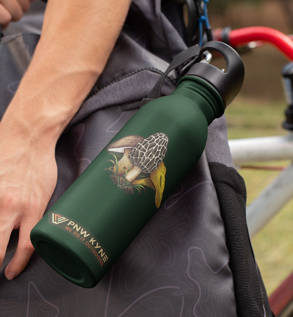 PNW Funguys mushroom sticker on a water bottle.
