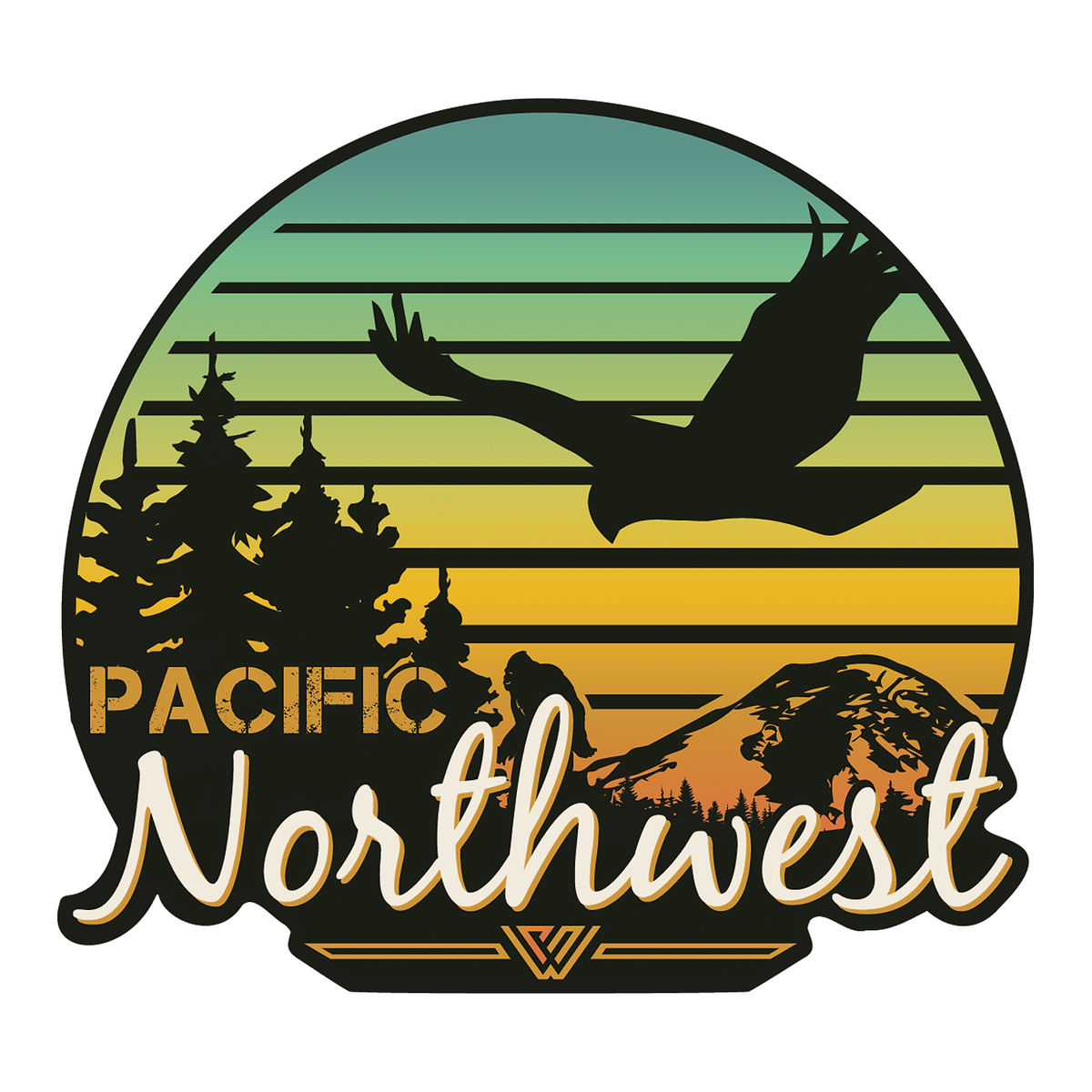 Sticker of the Pacific Northwest with an eagle, trees, and mountain silhouette.