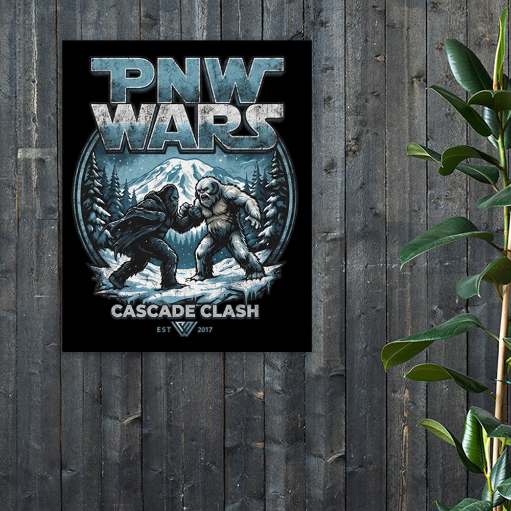 Poster of 'PNW Wars: Cascade Clash' with Bigfoot and yeti in a mountainous forest setting on a wooden wall.