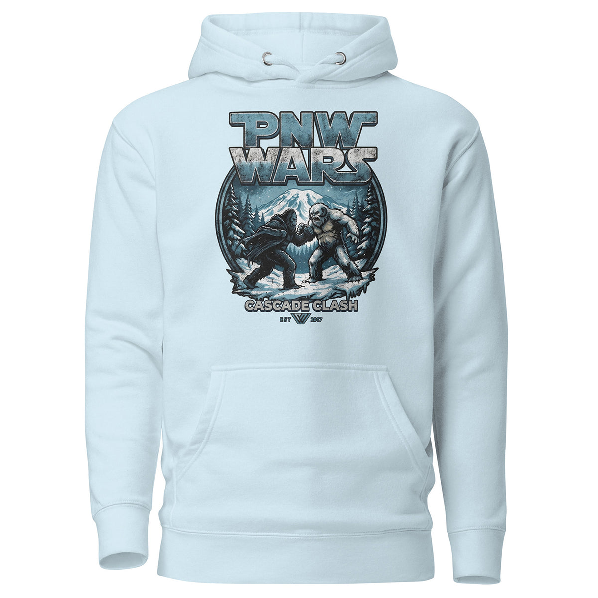 Light blue hoodie with bear graphic and 'PNW Wars' text on a white background