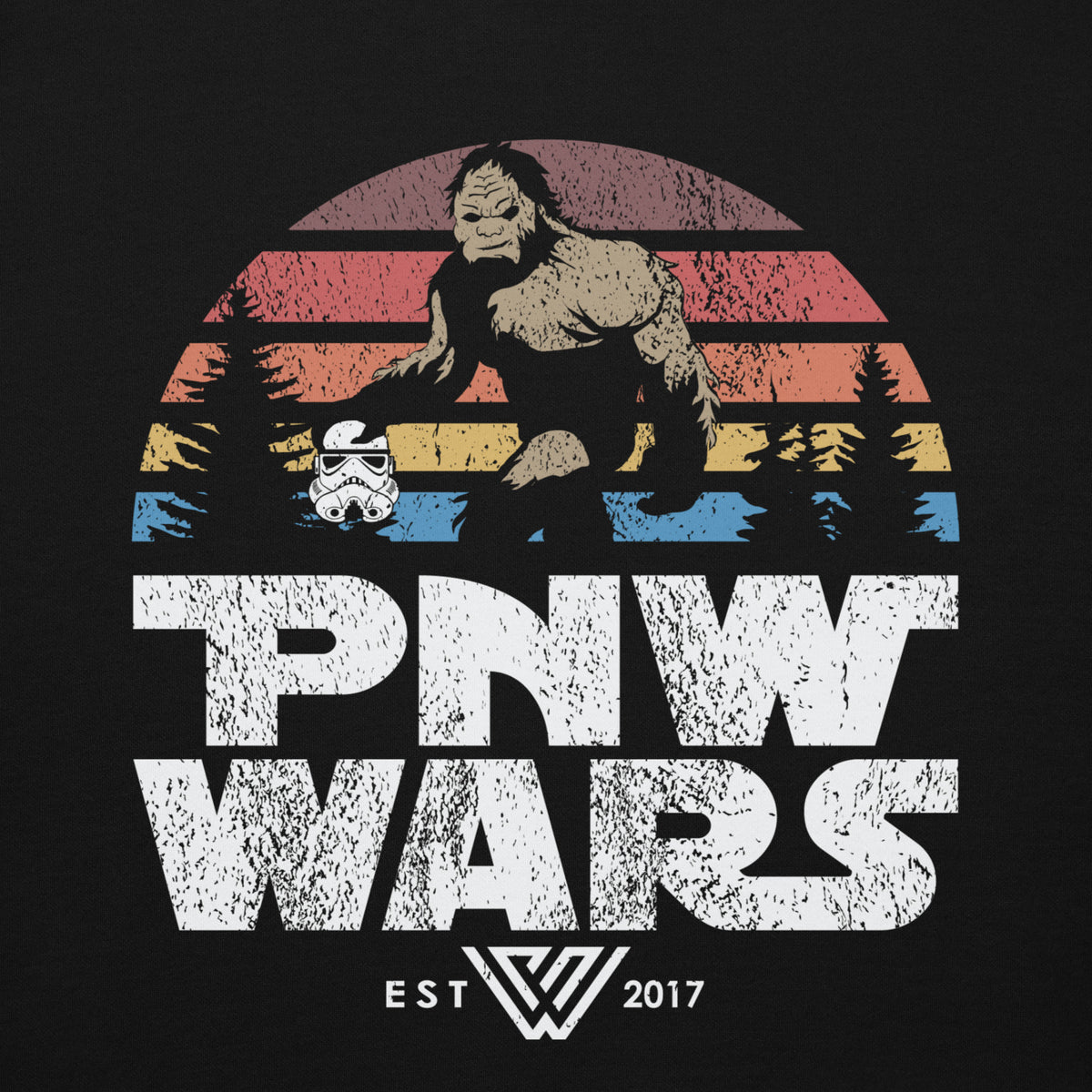 PNW Wars Retro Sunset Bigfoot Pullover Hoodie - Closeup