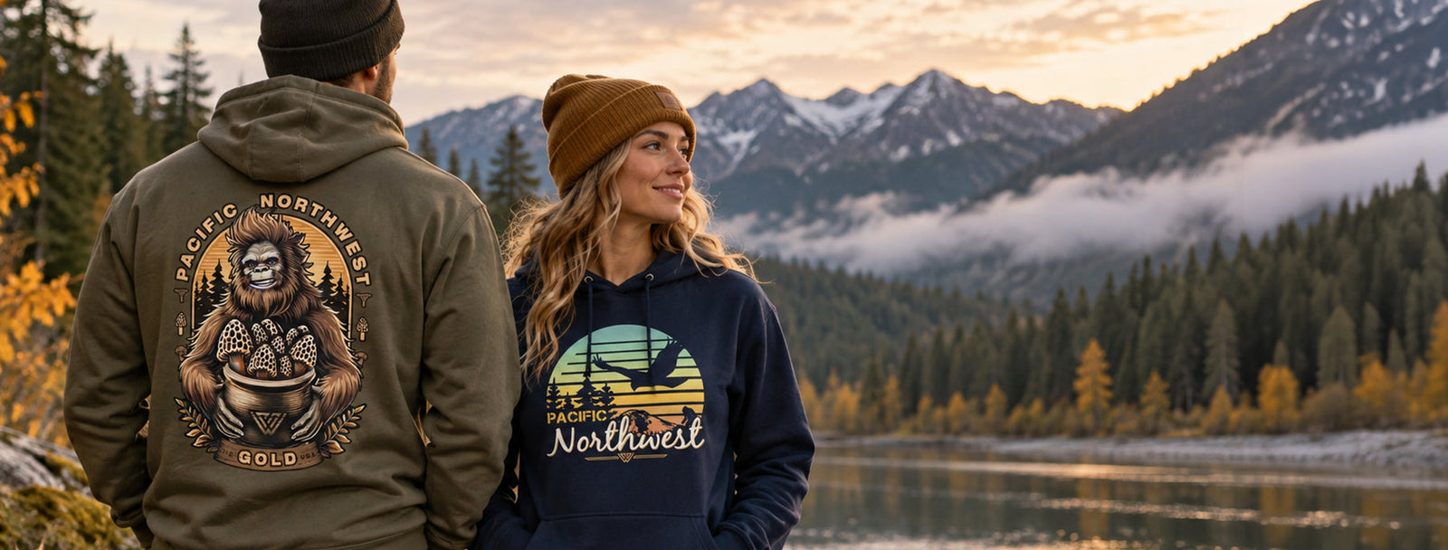 Two people wearing PNW Kyne hoodies by a mountain lake in the Pacific Northwest during fall.