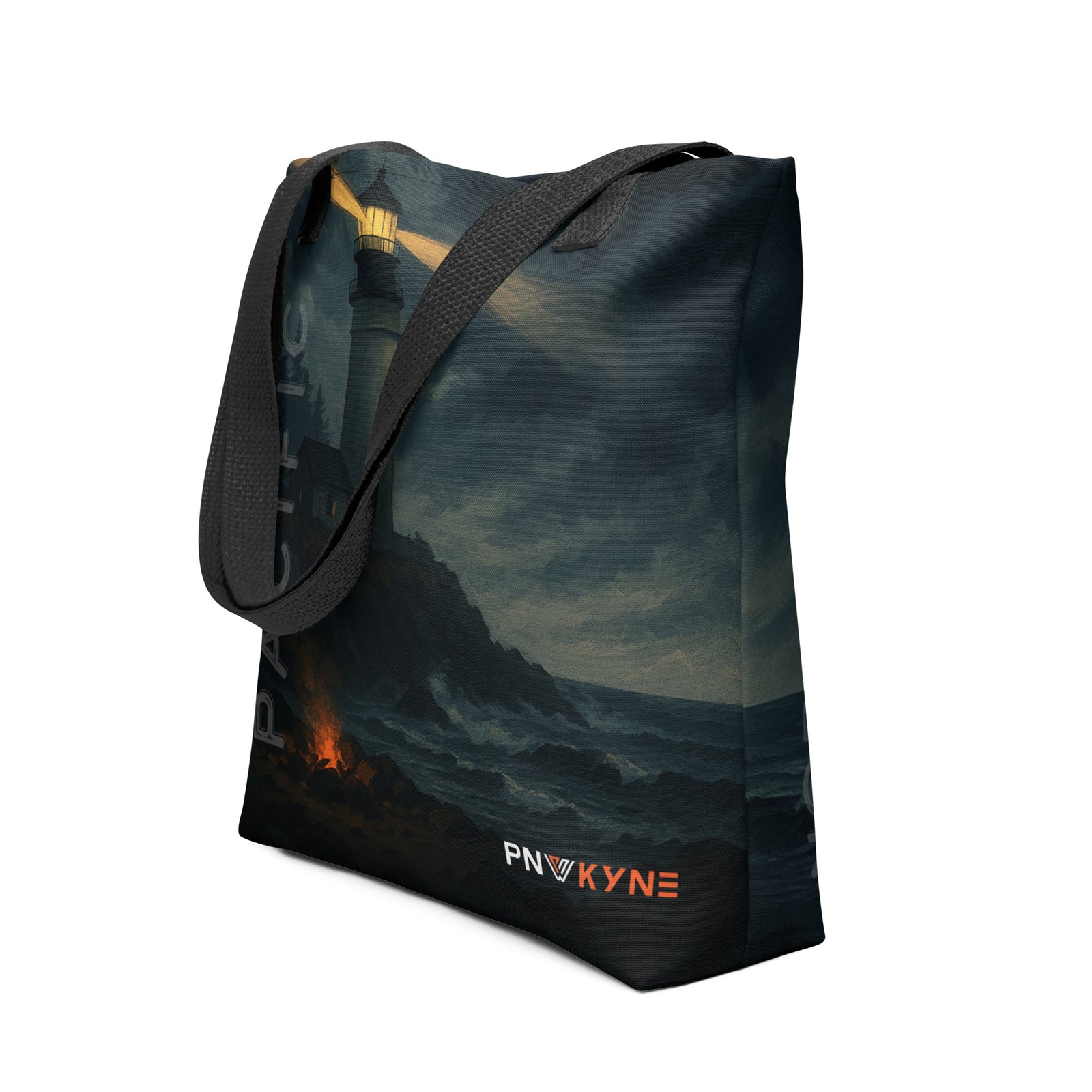 Tote bag with a scenic ocean storm design and 'PNW Kyne' branding on a white background
