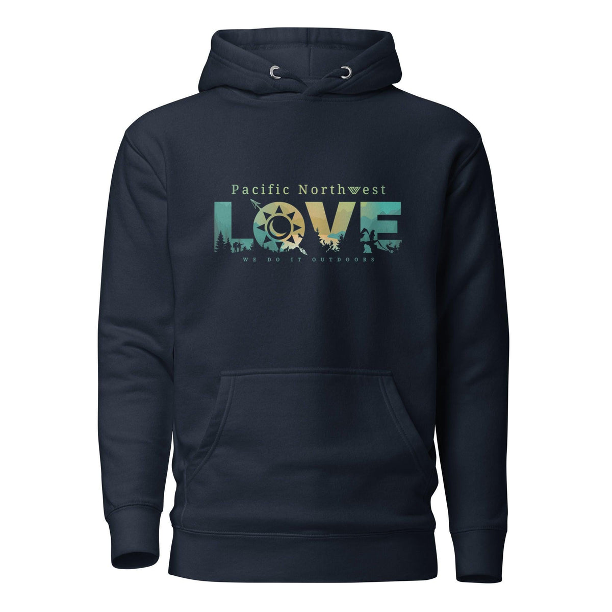 Navy blue hoodie with 'Pacific Northwest LOVE' graphic design on a white background