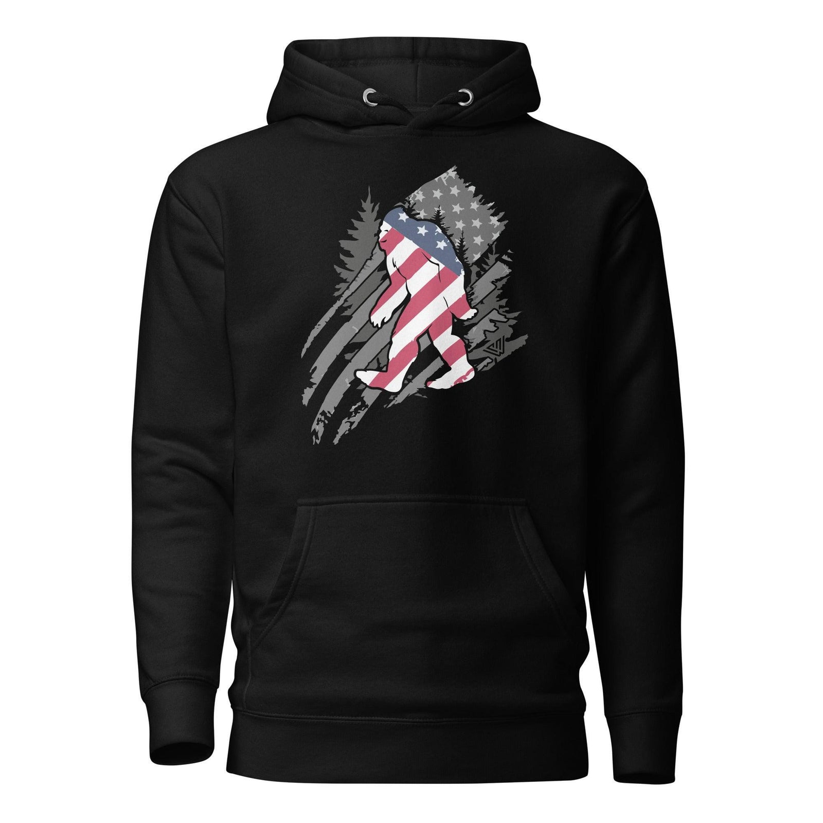 Black hoodie with a Sasquatch over an American flag design on a white background