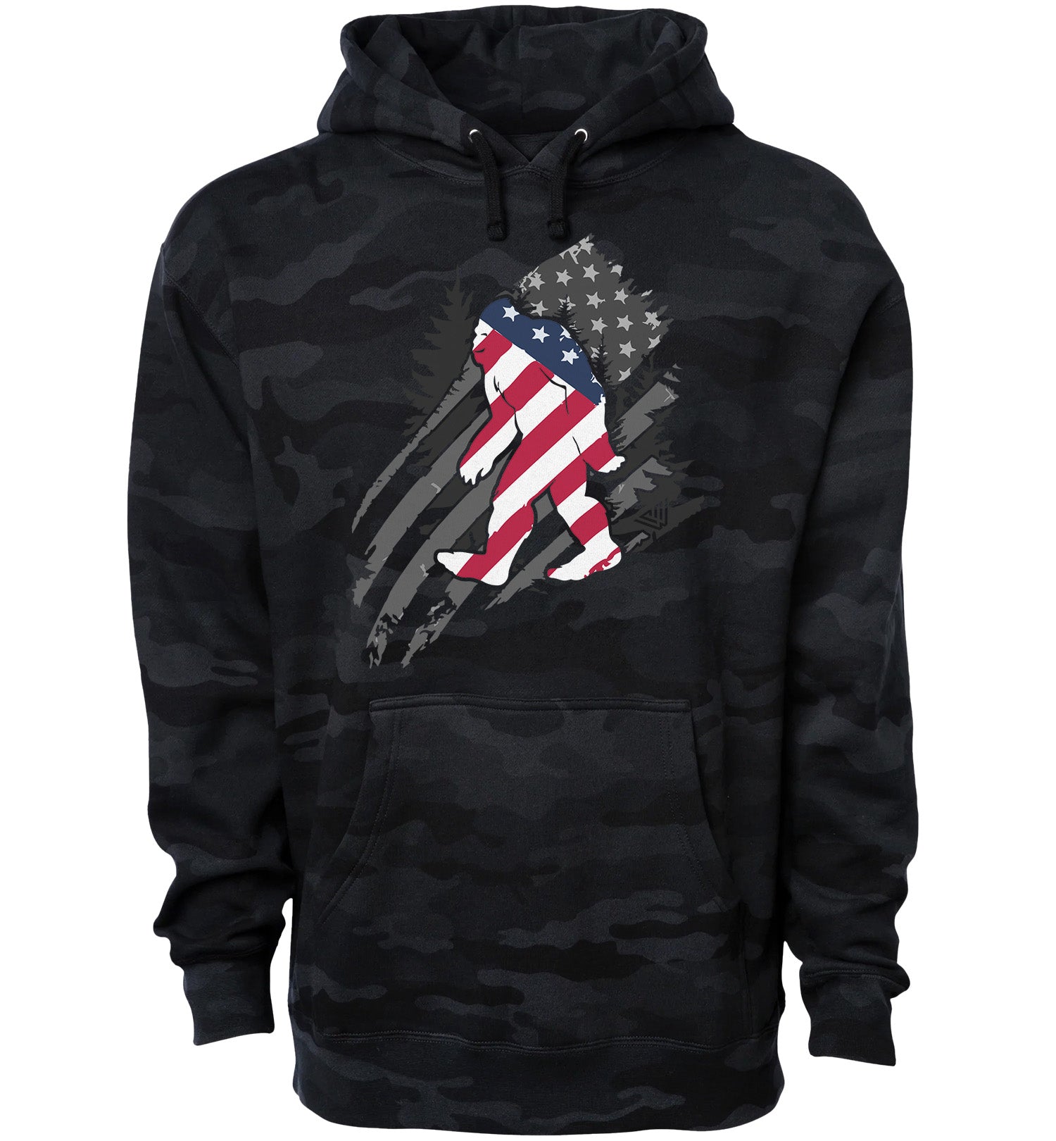 Patriotic Bigfoot Pullover Hoodie Heavyweight Sweatshirt - Black Camo