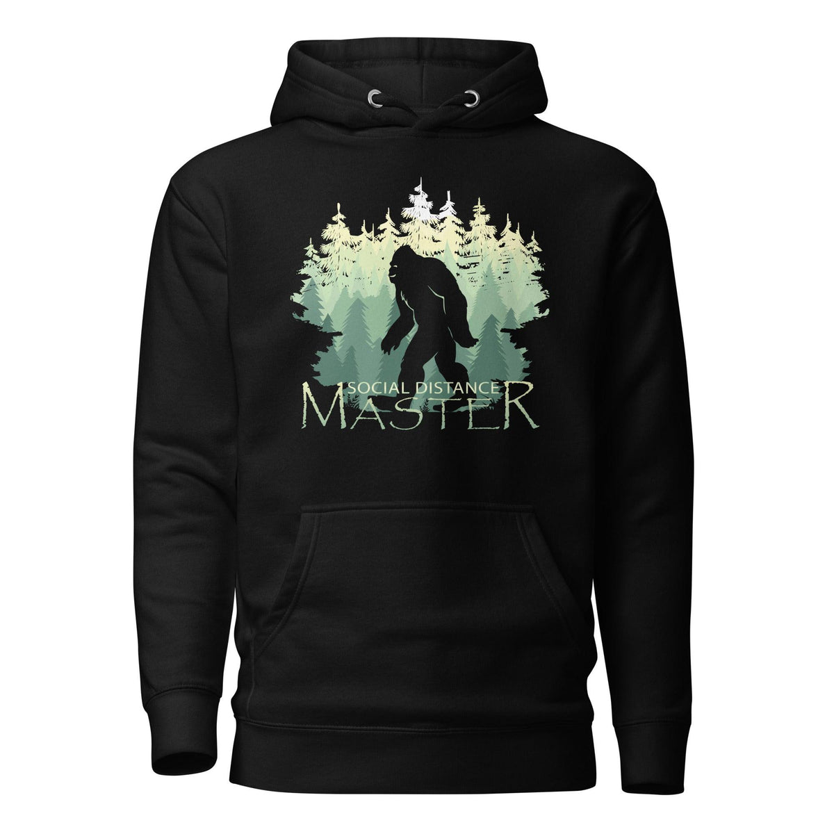 Black hoodie with a graphic of a Bigfoot silhouette and text 'Social Distance Master' on a white background